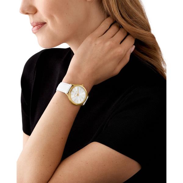 Michael Kors Slim Runway Weiß Lederarmband Goldfarbener Gehäuse Silber Zifferblatt Damen Uhr MK7466