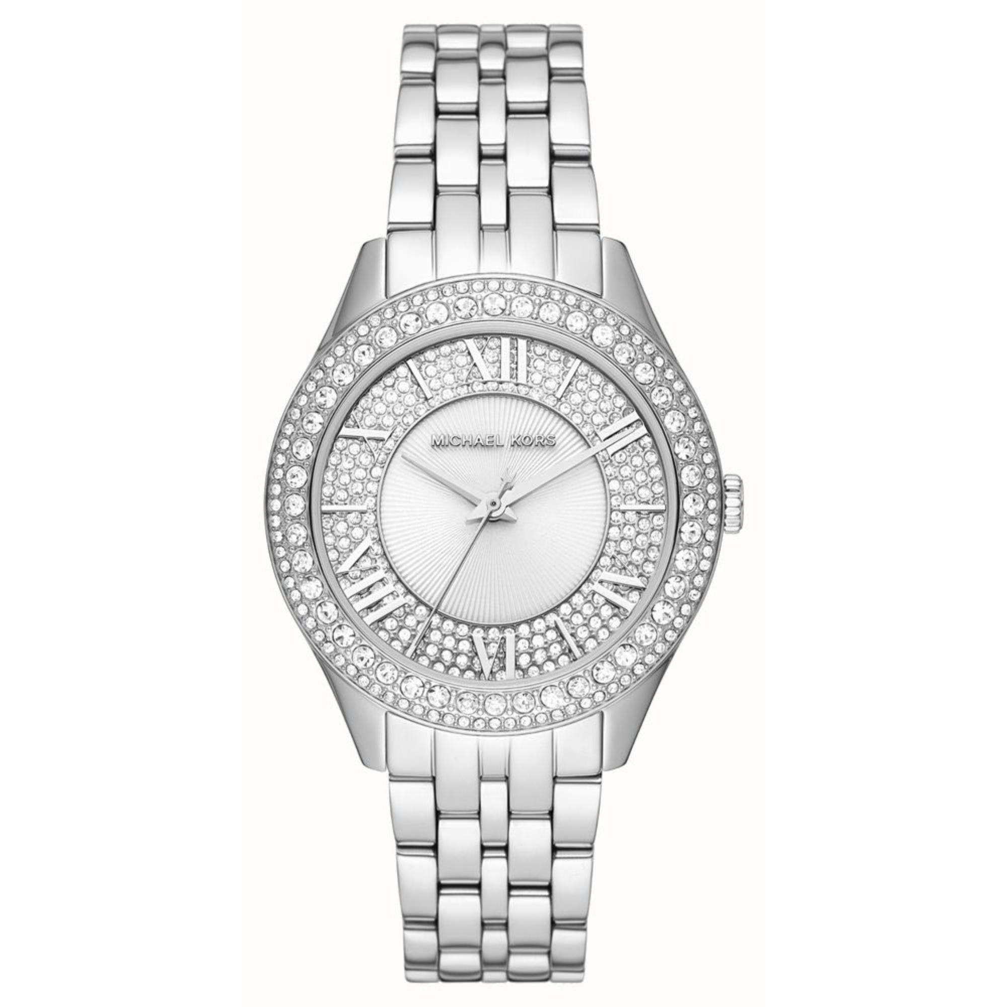 Michael Kors Harlowe Kristallverzierte Silberfarbene Edelstahl Weißes Zifferblatt Damen Uhr MK4708