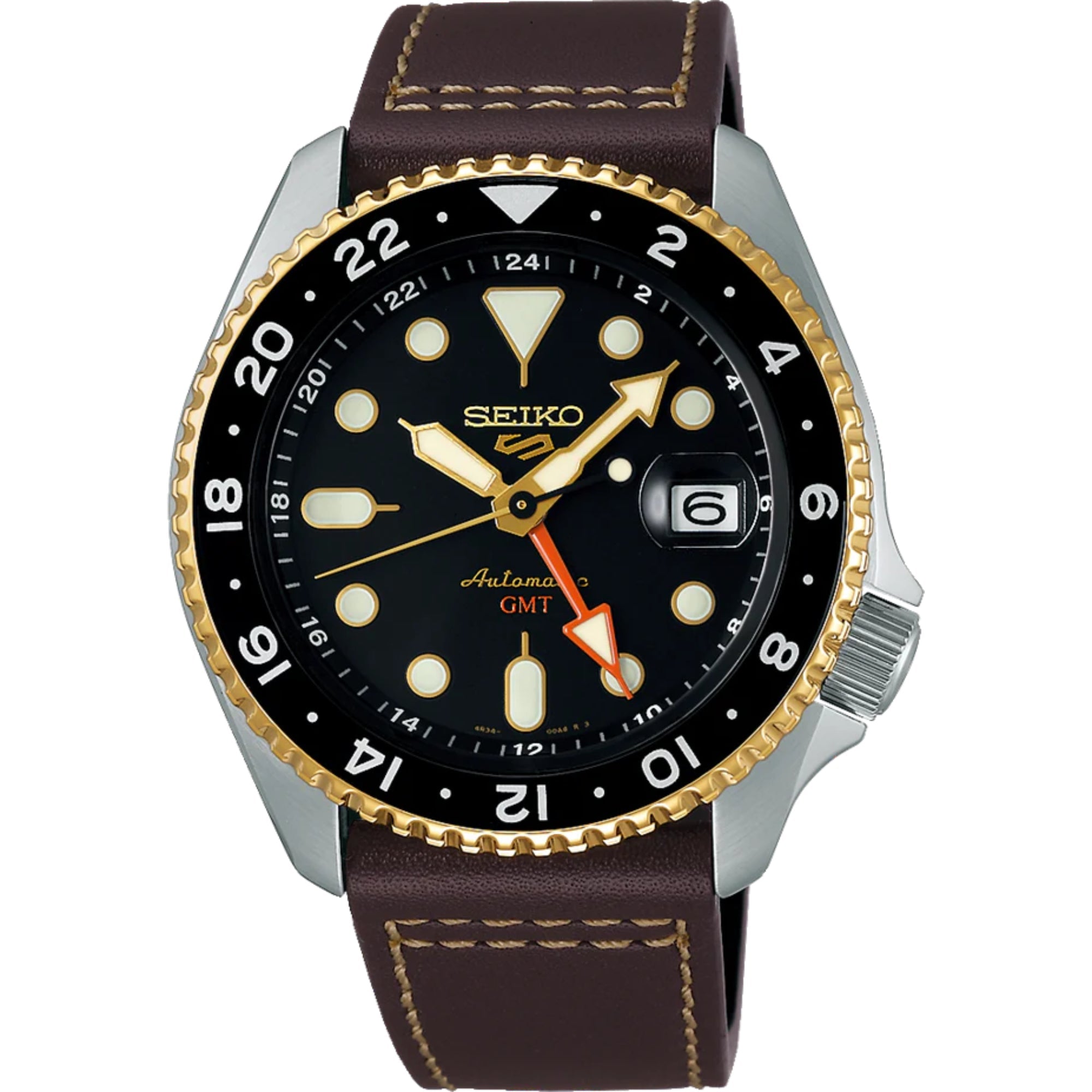 Seiko 5 Sports SKX GMT Mocha Automatik Schwarzes Zifferblatt Braunes Lederarmband Herren Uhr SSK036K1