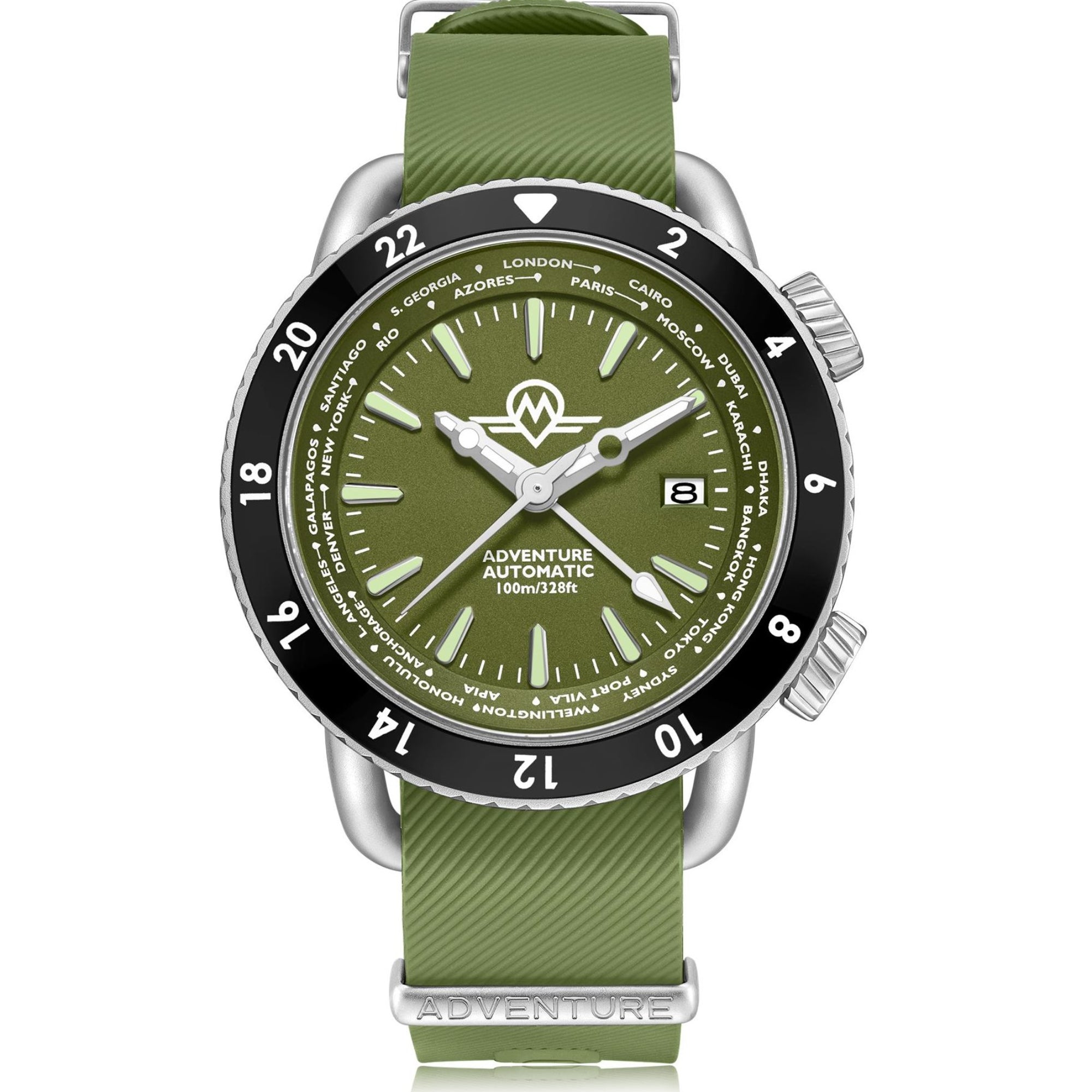 Monro Adventure Automatic MA-4 green dial watch with 24-hour bezel and green rubber strap front view