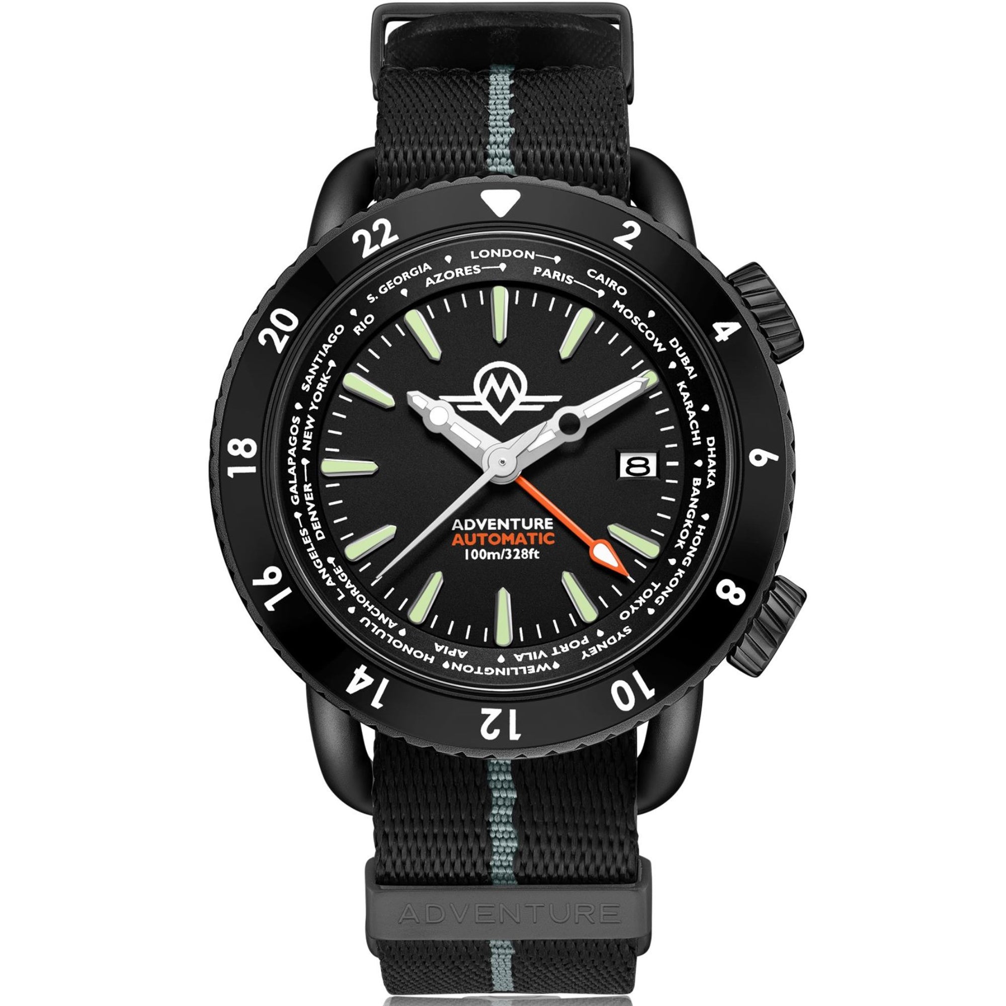 Monro Adventure Automatic Urban Black MA-5 watch with black rubber strap front view