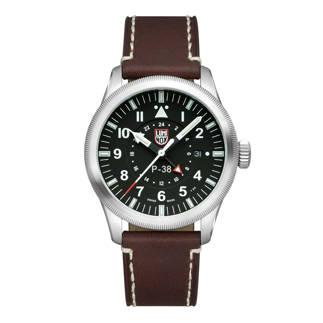 Luminox Air Pilot P-38 Lightning GMT Schwarzes Zifferblatt Braunes Lederarmband Herren Uhr XA.9521