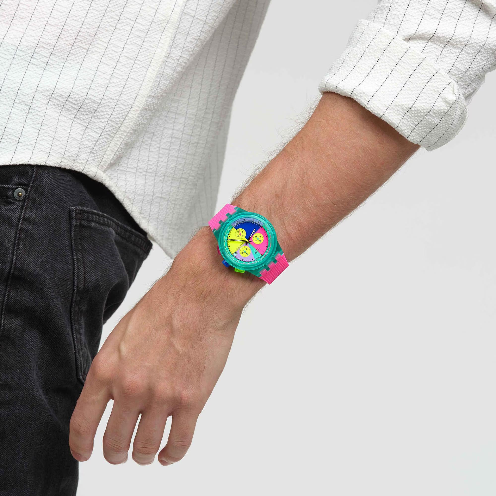 Swatch Neon Flash Arrow Chronograph Multicolour Dial Pink Silicone Watch SUSG408