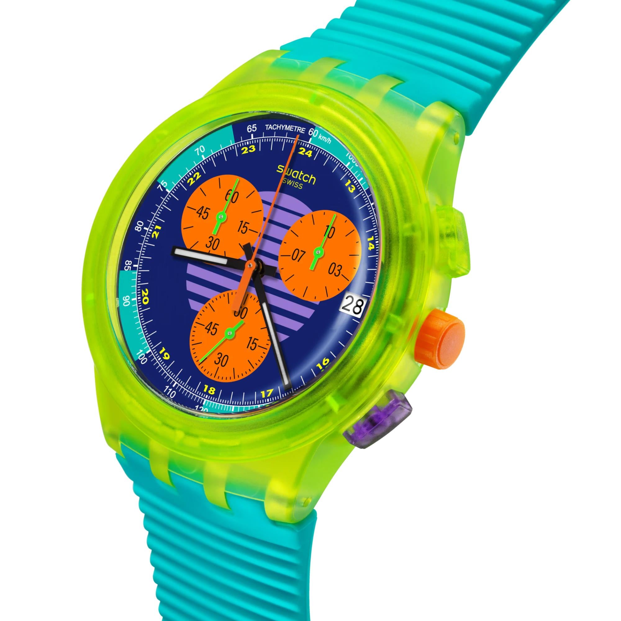 Swatch Neon Wave Mehrfarbig Zifferblatt Chronograph Türkis Silikon Uhr SUSJ404