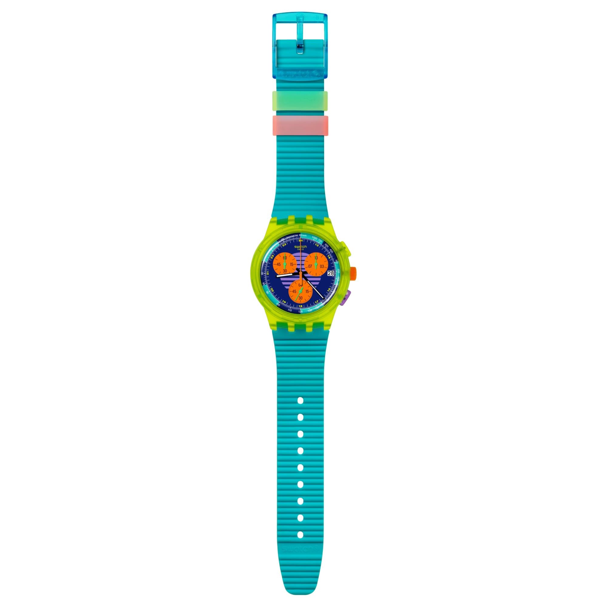 Swatch Neon Wave Mehrfarbig Zifferblatt Chronograph Türkis Silikon Uhr SUSJ404