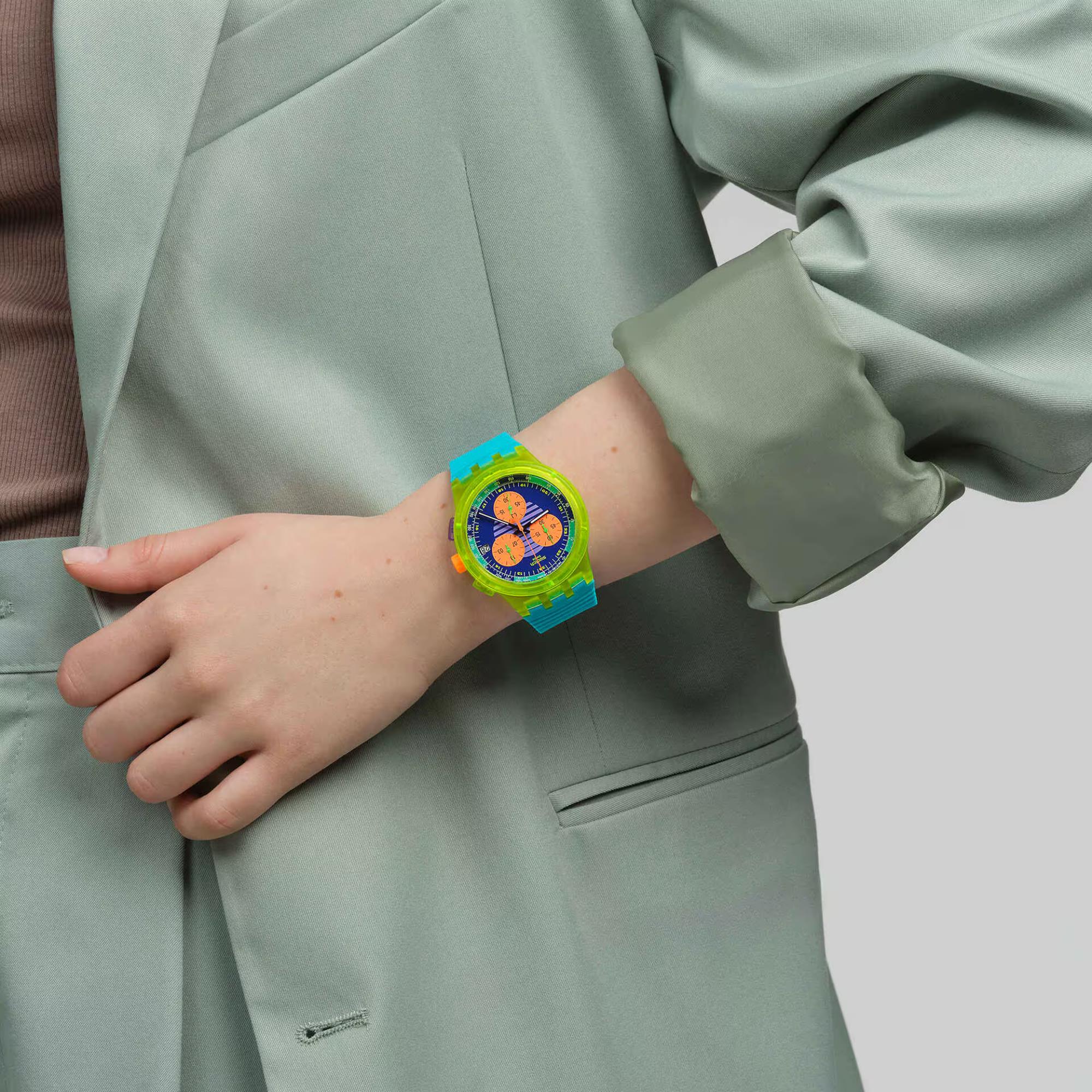 Swatch Neon Wave Mehrfarbig Zifferblatt Chronograph Türkis Silikon Uhr SUSJ404