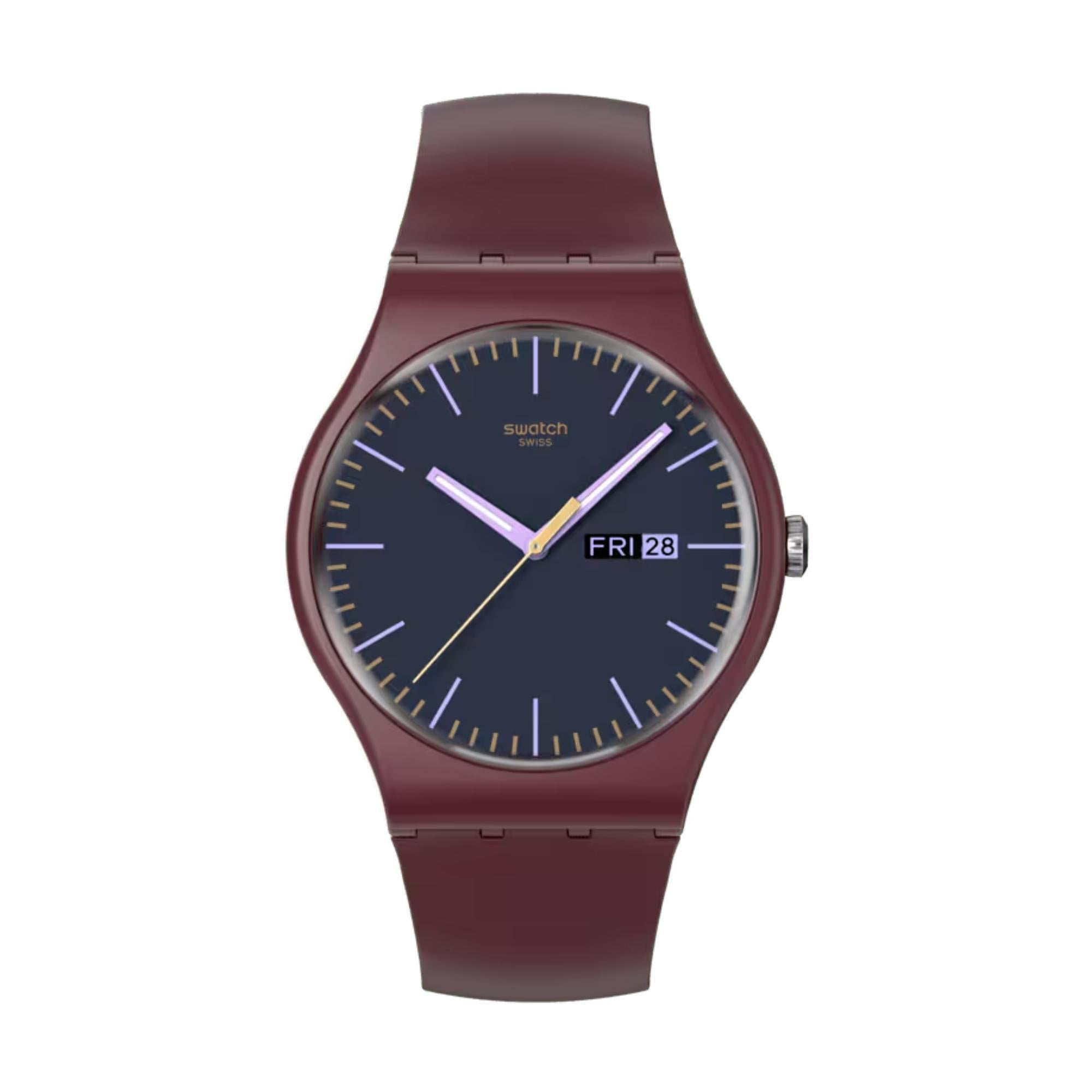 Swatch BURGUNDY BERRY Quarz Graues Zifferblatt Silikonarmband Herren Uhr SO29R707