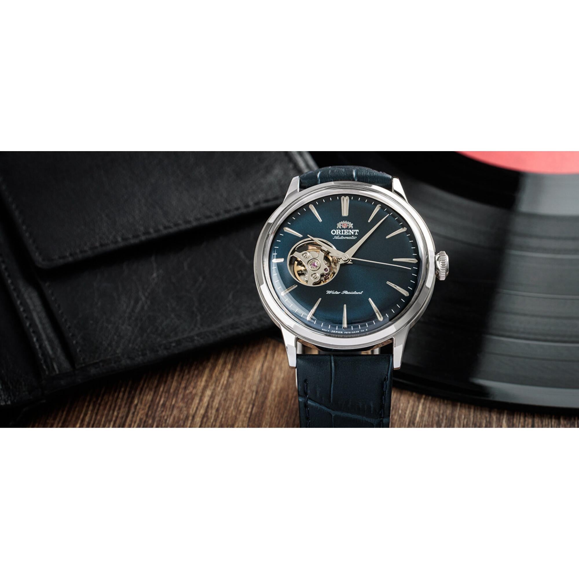 Orient Bambino 40.5mm Open Heart Blue Dial Leather Mens Automatic Watch RA-AG0005L30B