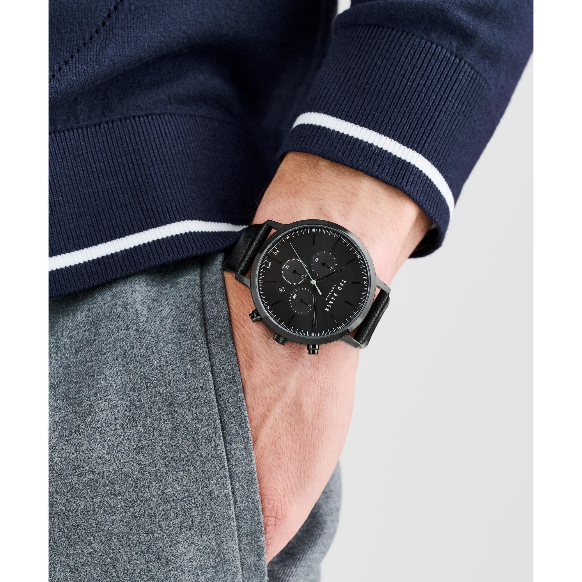 Ted Baker Timeless Herrenarmbanduhr, schwarzes Zifferblatt, Leder BKPHAF404