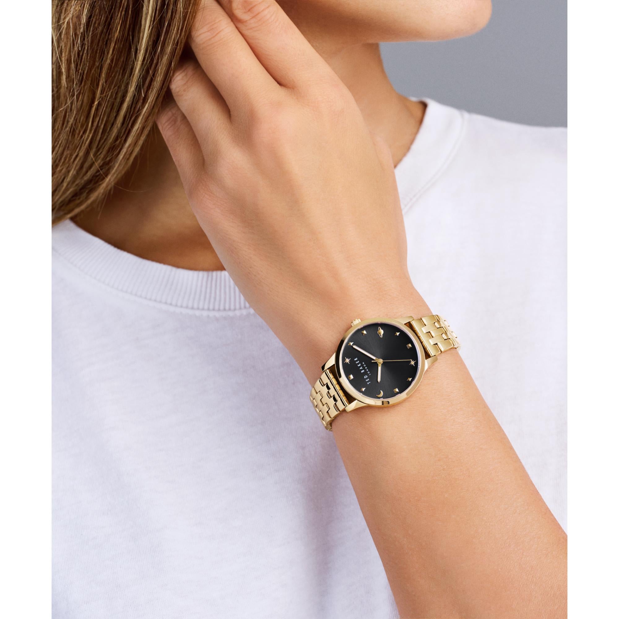 Montre pour femme Ted Baker Fitzrovia Fashion en acier inoxydable ton or rose avec cadran noir BKPFZS405