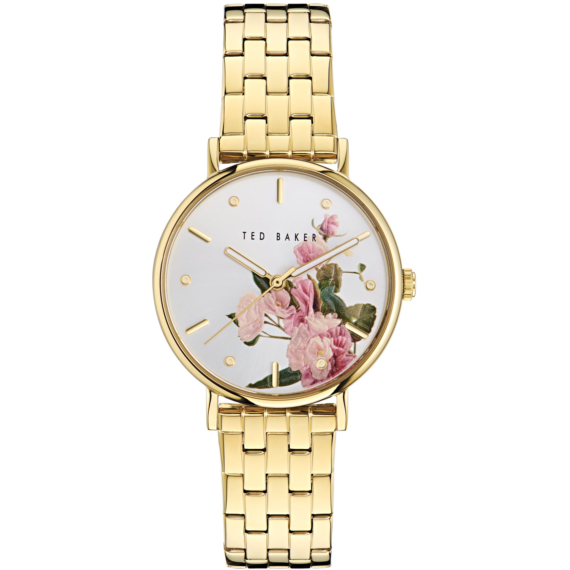 Ted Baker Damen Multifunktion Goldfarbene Edelstahl Silbernes Zifferblatt Uhr BKPPHF309