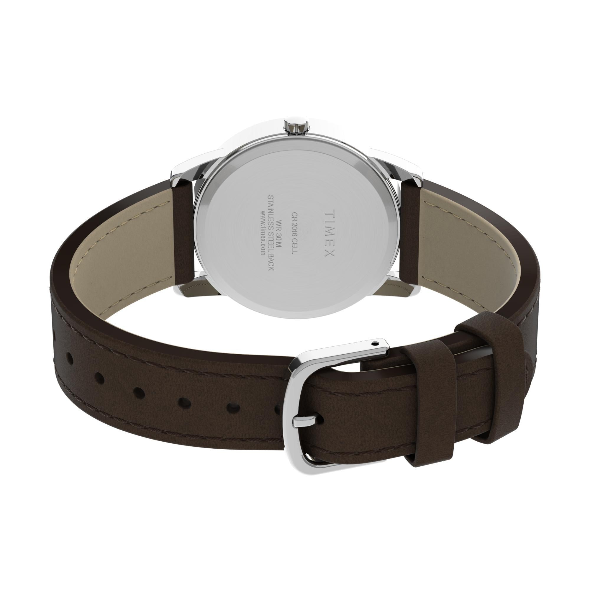 Timex Easy Reader T20041 silver-tone stainless steel case, crown, and brown leather strap side view
