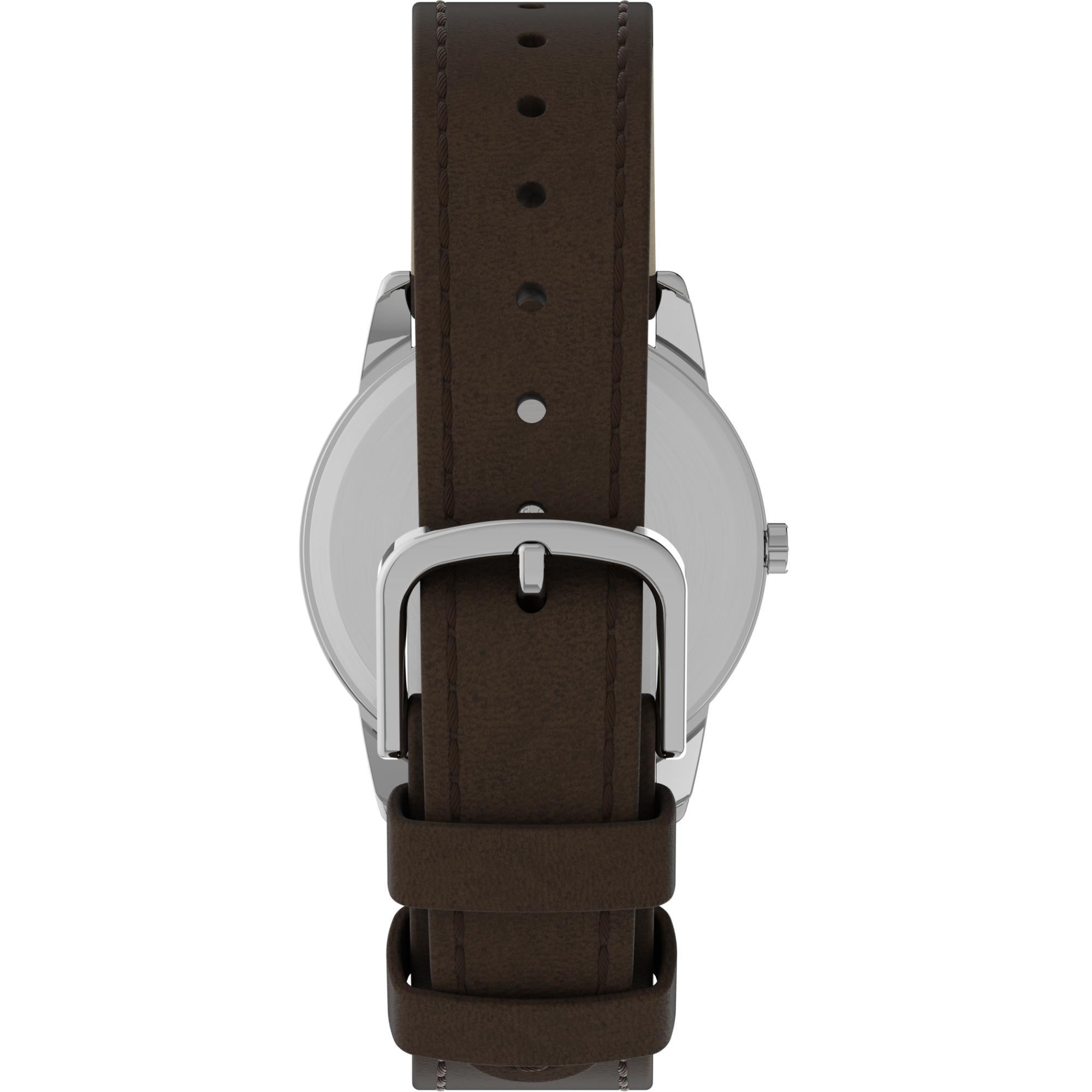 Timex T20041 case back showing brown leather strap buckle detail