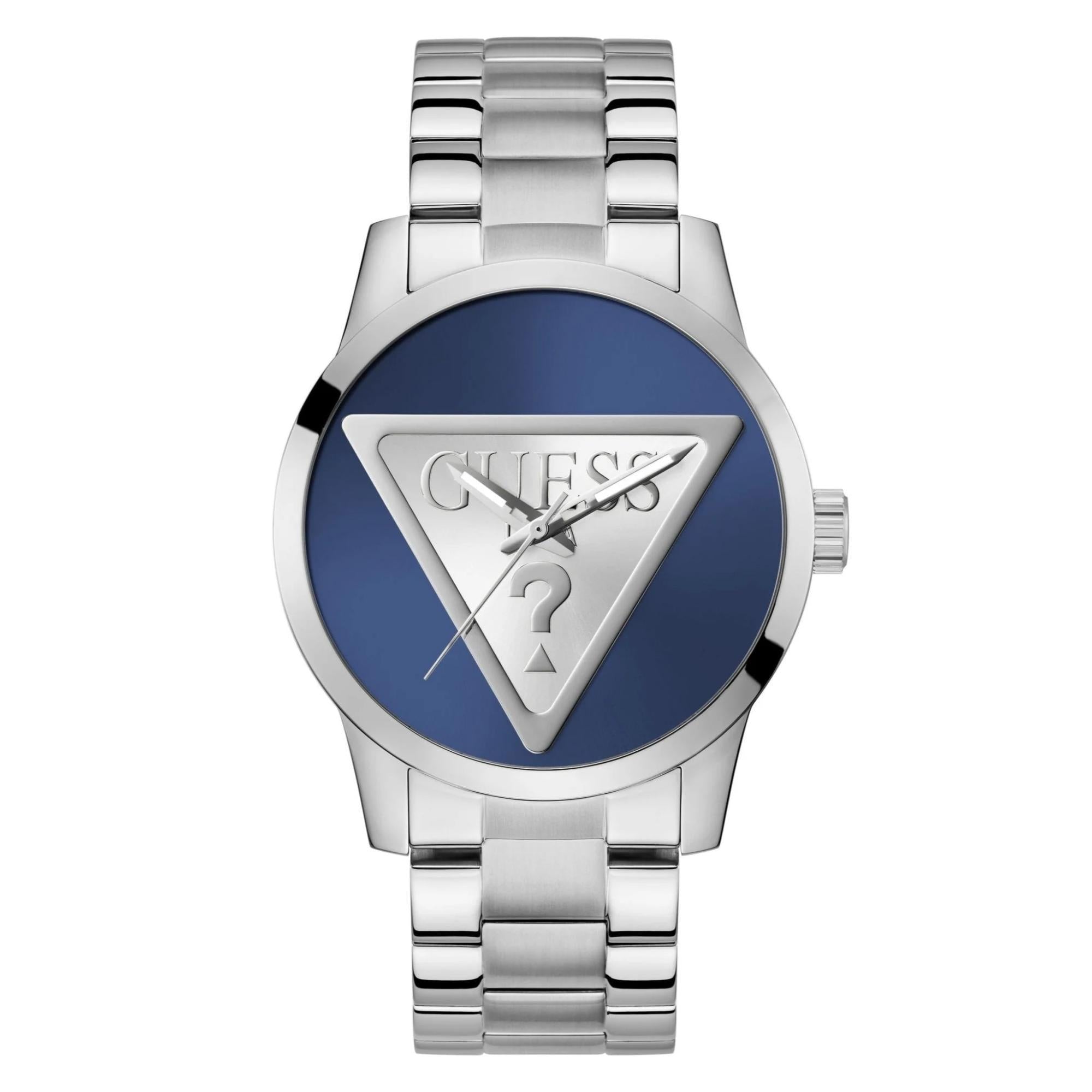 GUESS Gents Badge Silver Tone Stainless Steel Analog with Modern Flair Blue Dial Men's Watch GW0782G3