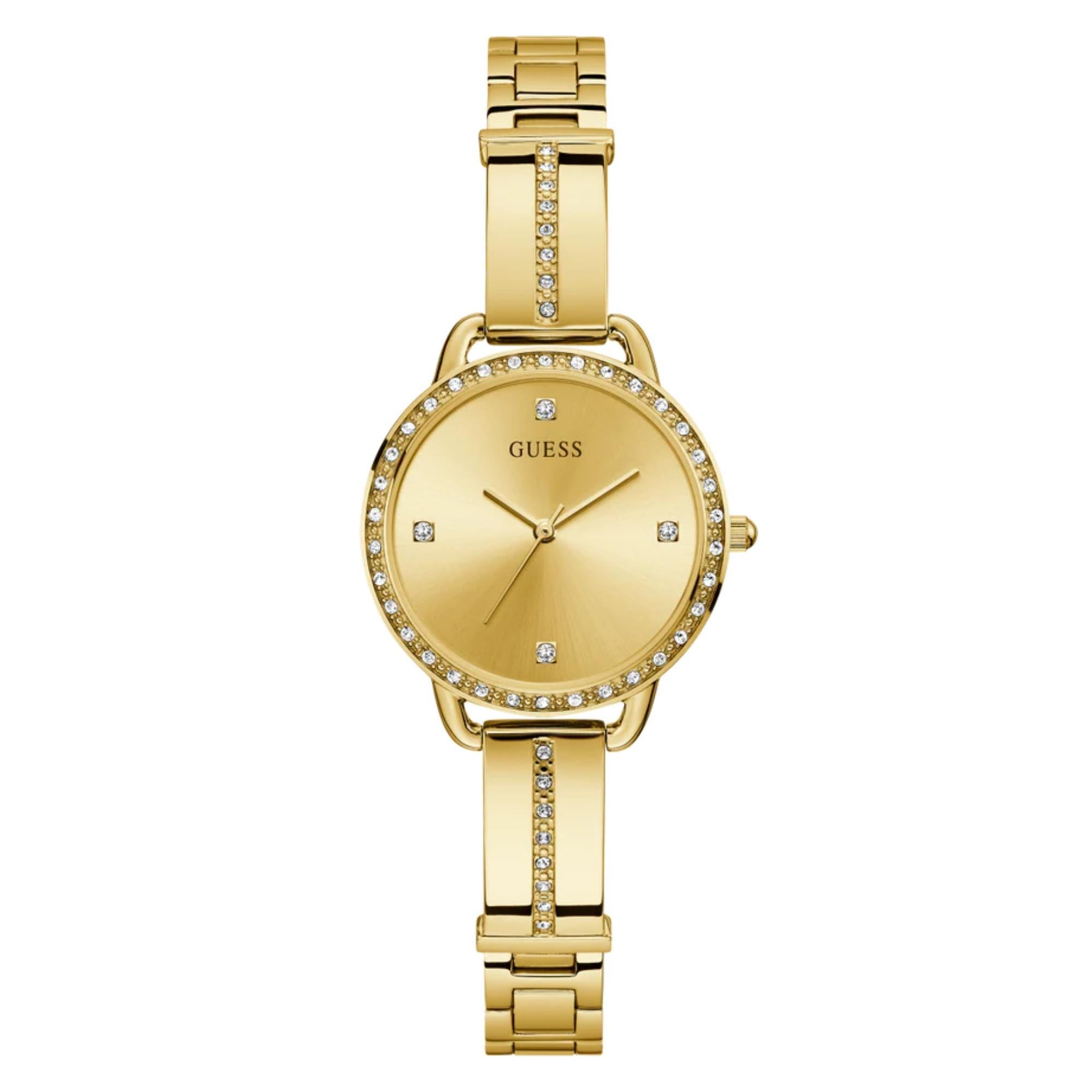 GUESS Damen Goldfarbene Edelstahlarmband Analog Champagner Zifferblatt Uhr GW0022L2