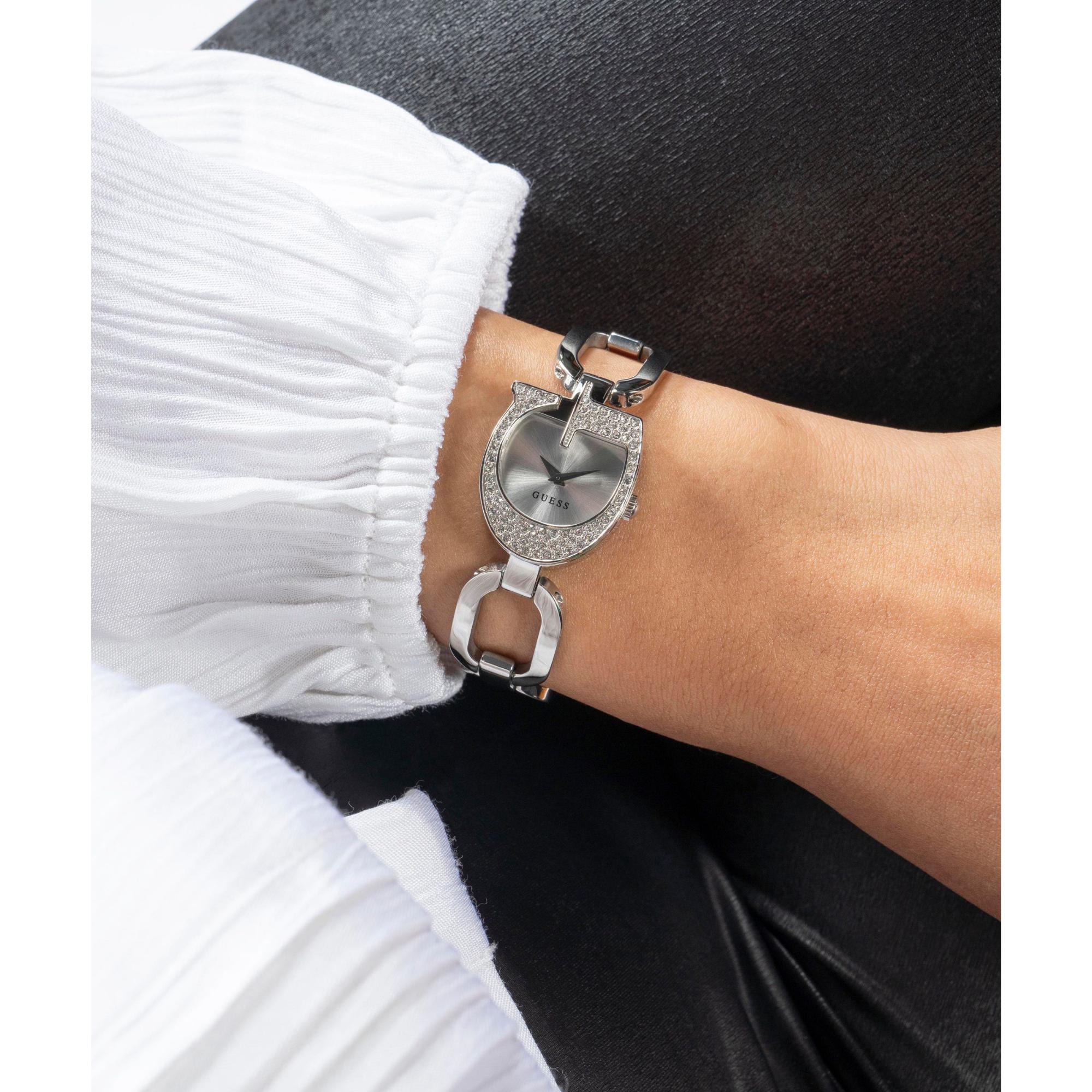 GUESS Damenarmbanduhr mit silbernem Zifferblatt, analog, mit Kristallakzenten GW0683L1
