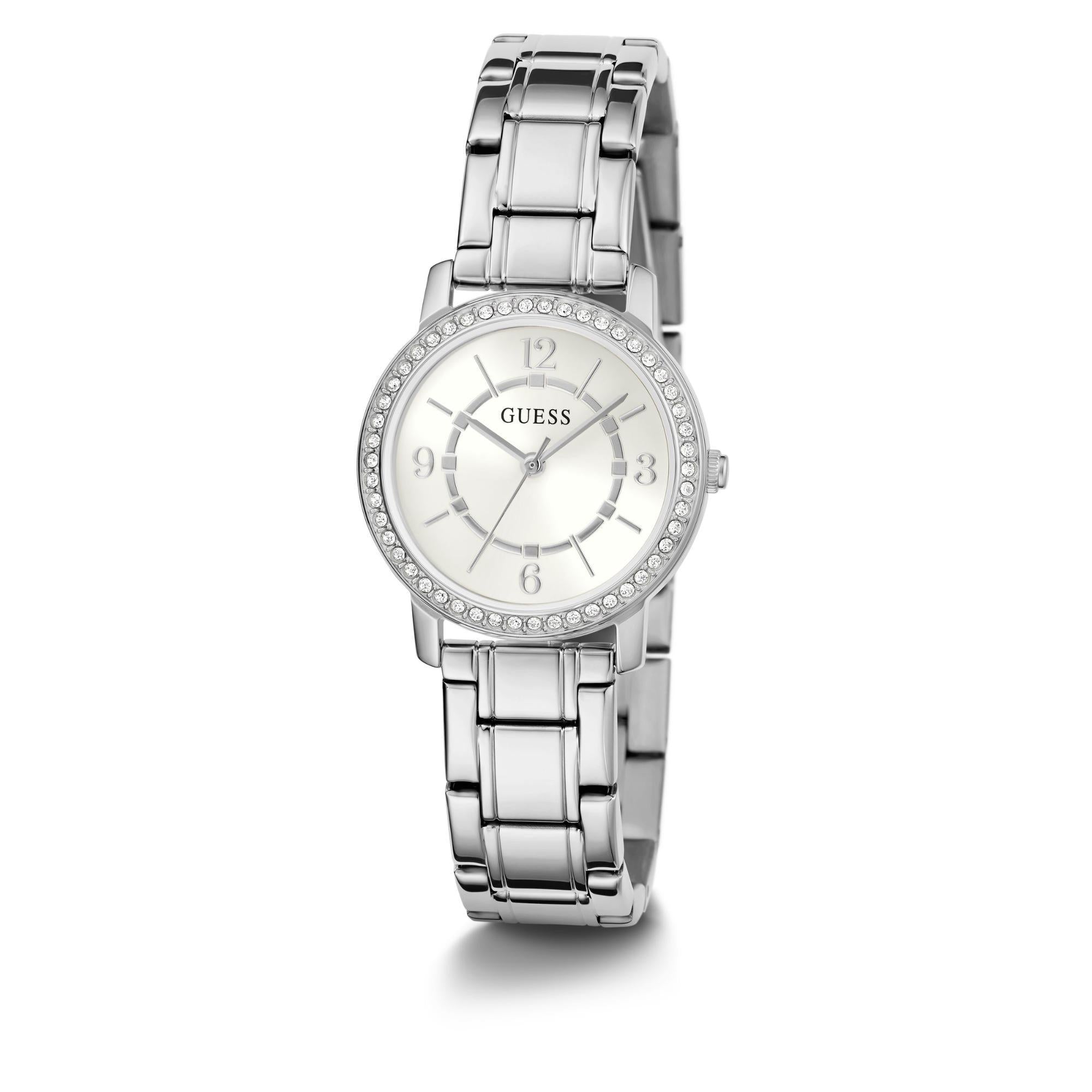 GUESS Ladies Silver Tone Stainless Steel Strap Analog White Dial Watch GW0468L1