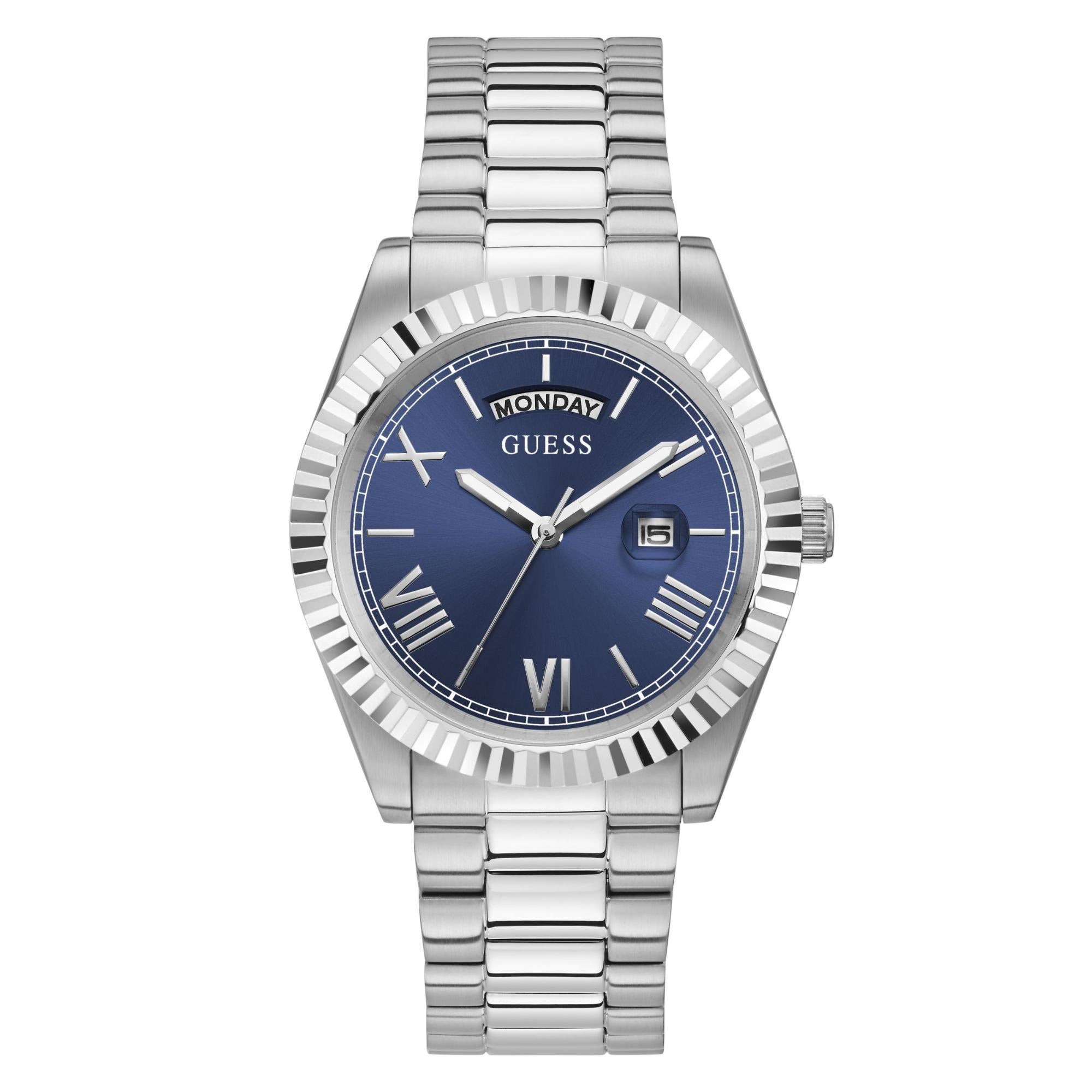 GUESS Men's Silver Tone Day/Date Blue Dial Watch with Stainless Steel Strap GW0265G7