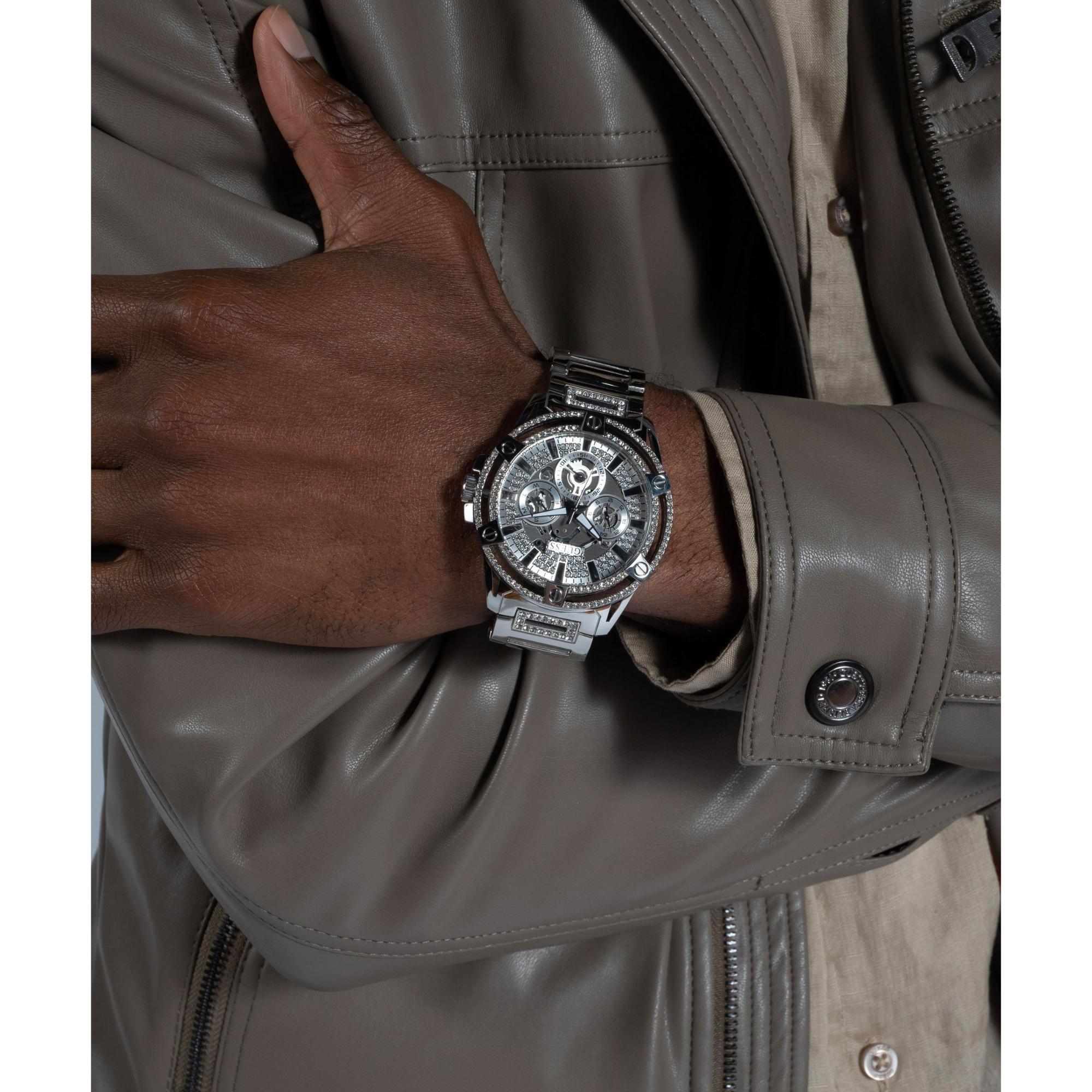 Guess Edelstahl Multifunktion Kristallisiert Tag-Datum Silber Zifferblatt Herren Uhr GW0497G1
