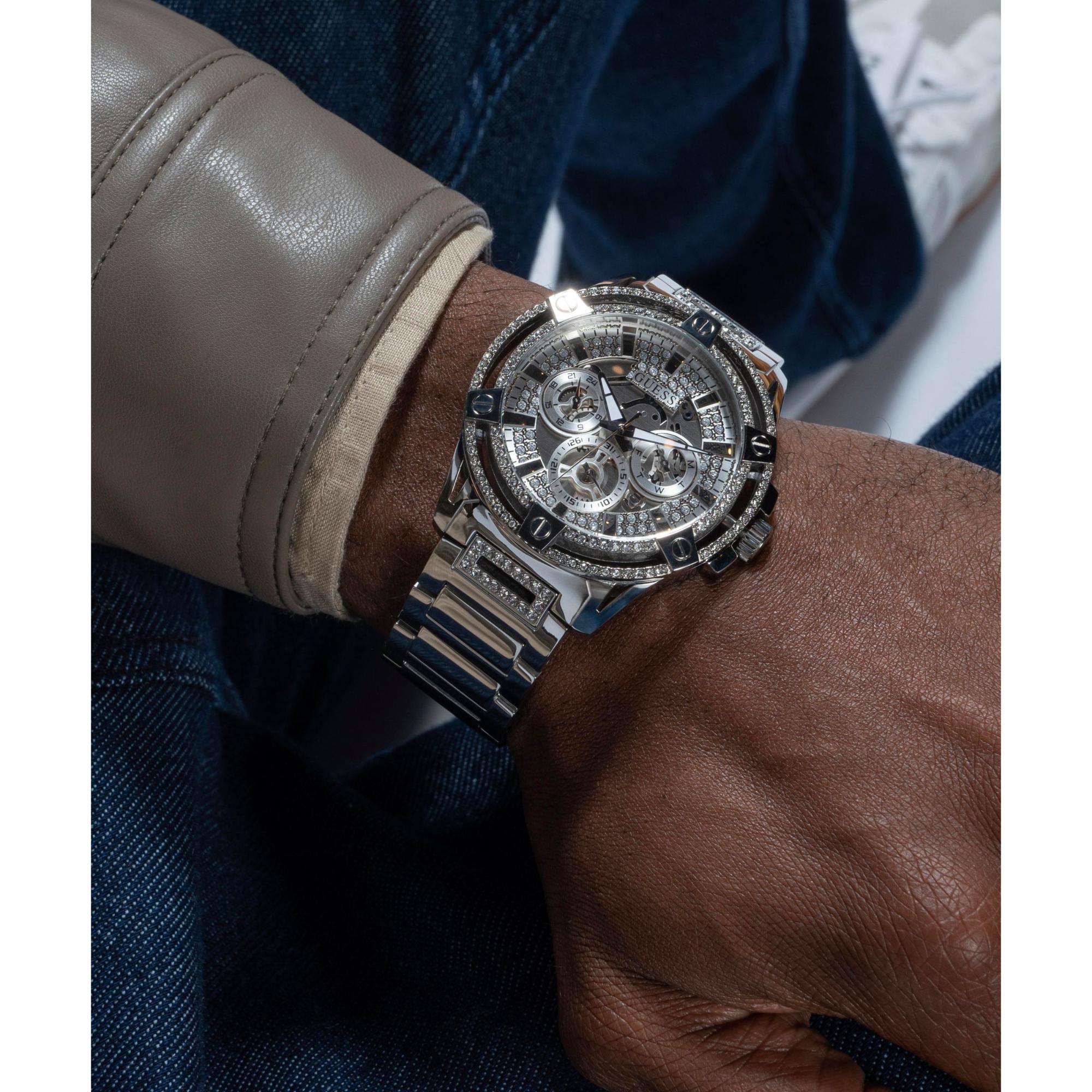 Guess Edelstahl Multifunktion Kristallisiert Tag-Datum Silber Zifferblatt Herren Uhr GW0497G1