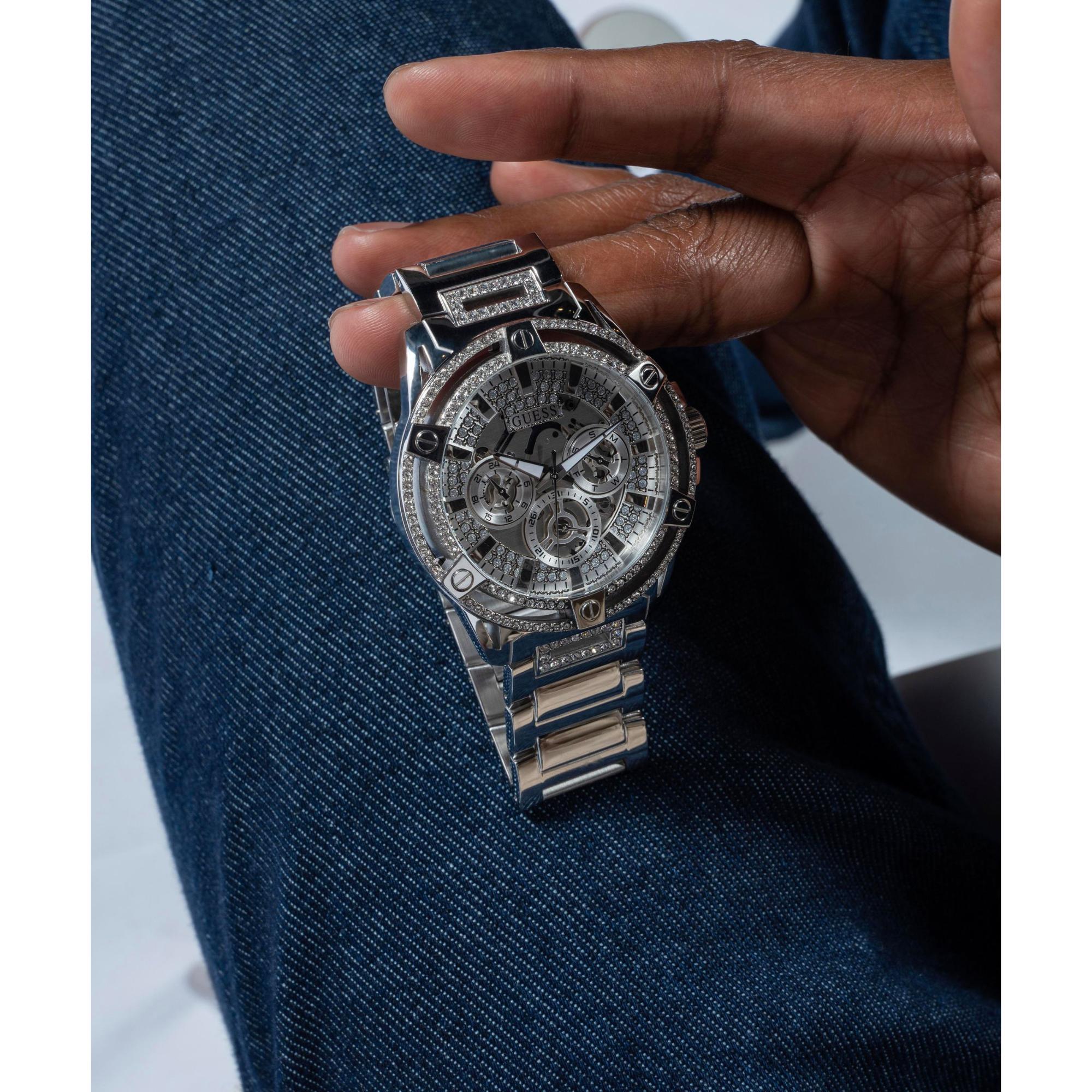 Guess Edelstahl Multifunktion Kristallisiert Tag-Datum Silber Zifferblatt Herren Uhr GW0497G1
