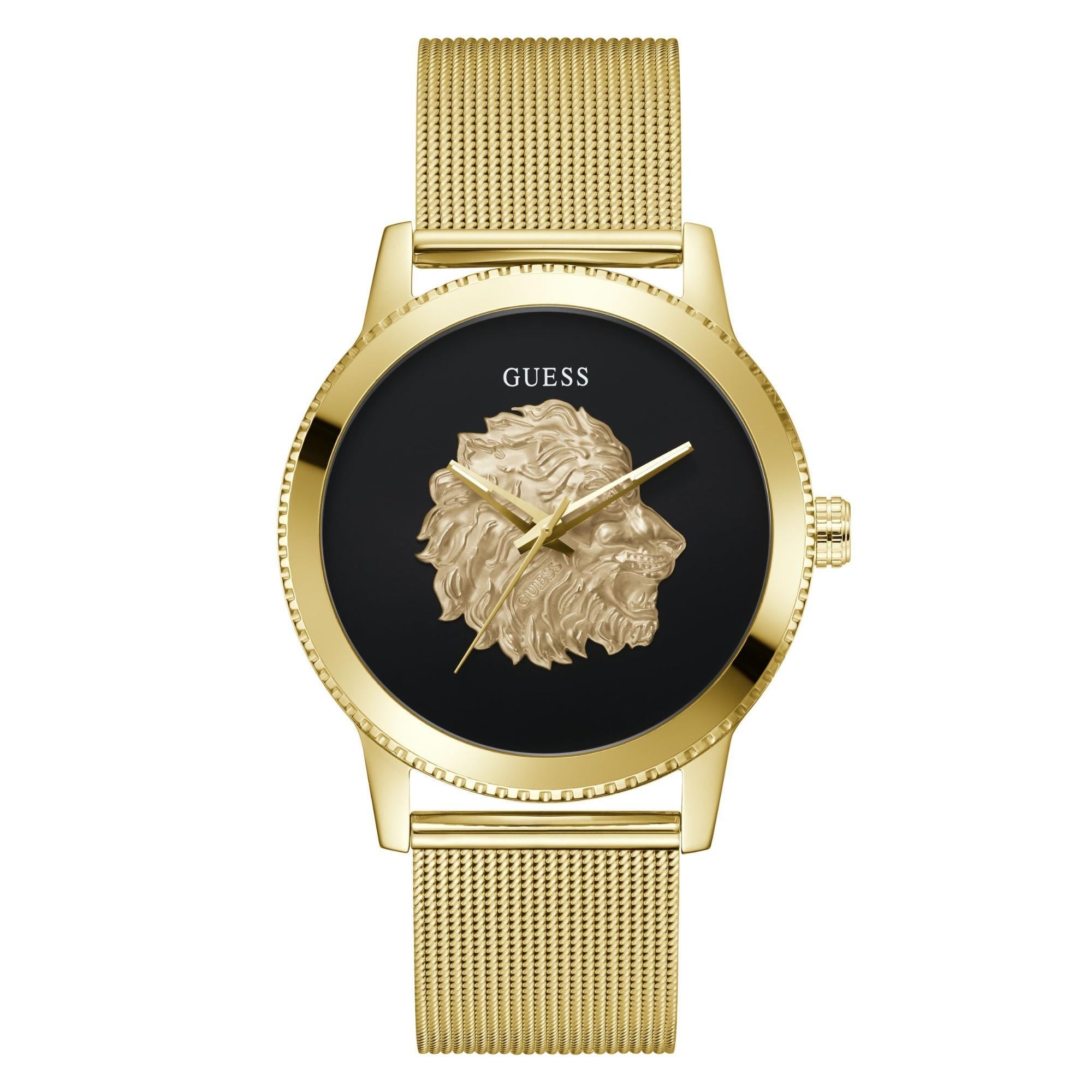 GUESS Herrenarmbanduhr mit goldfarbener Lünette, analog, schwarzes Zifferblatt GW0702G1