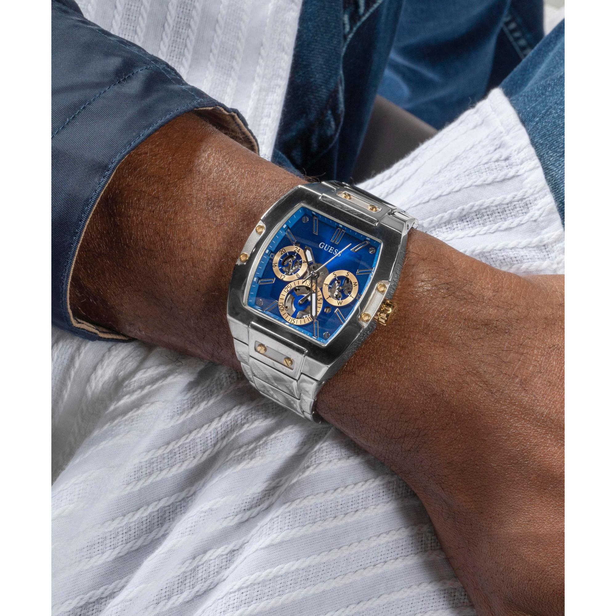 GUESS Multifunktion Silberfarbene Edelstahlarmband Blau Zifferblatt Herren Uhr GW0456G5