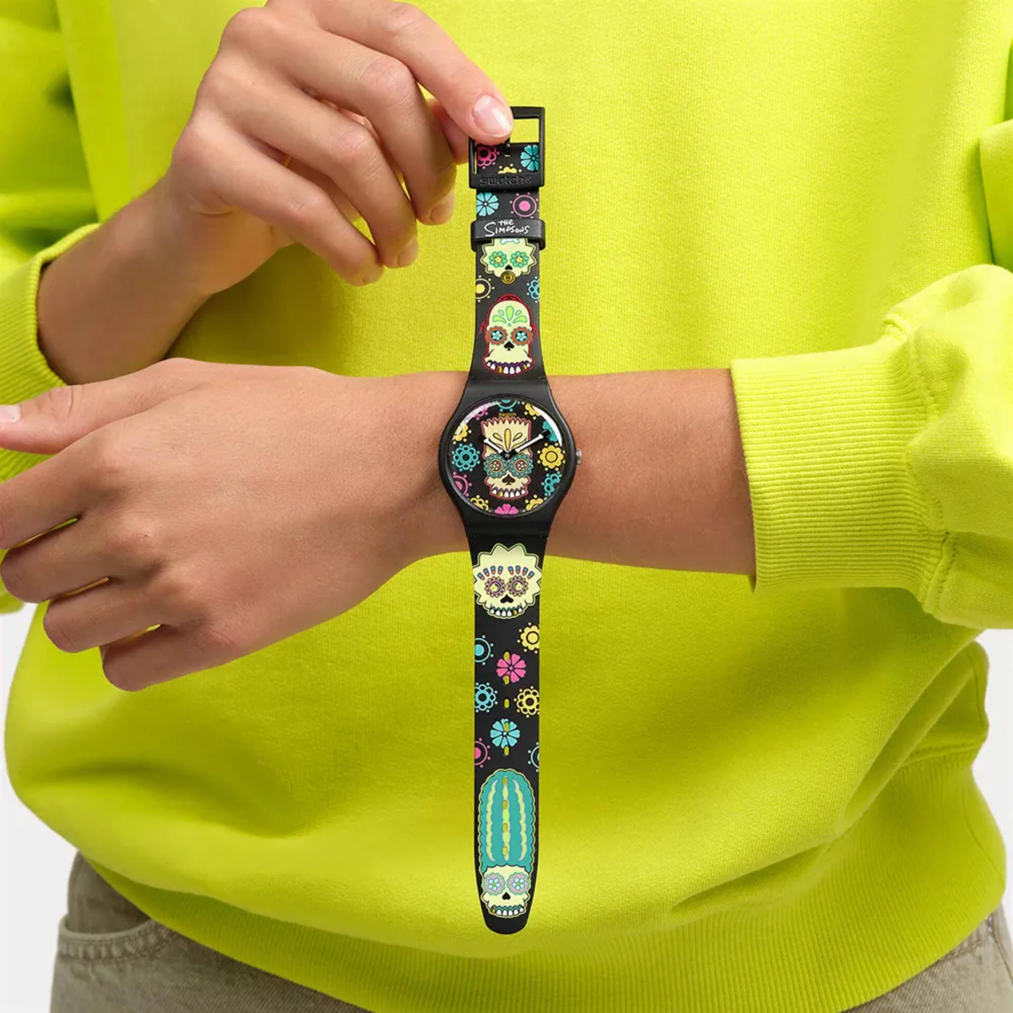 Swatch x Die Simpsons (41mm) D'OH OF THE DEAD Schwarzes Bedrucktes Zifferblatt Schwarzes Bedrucktes Armband Uhr SO29Z135