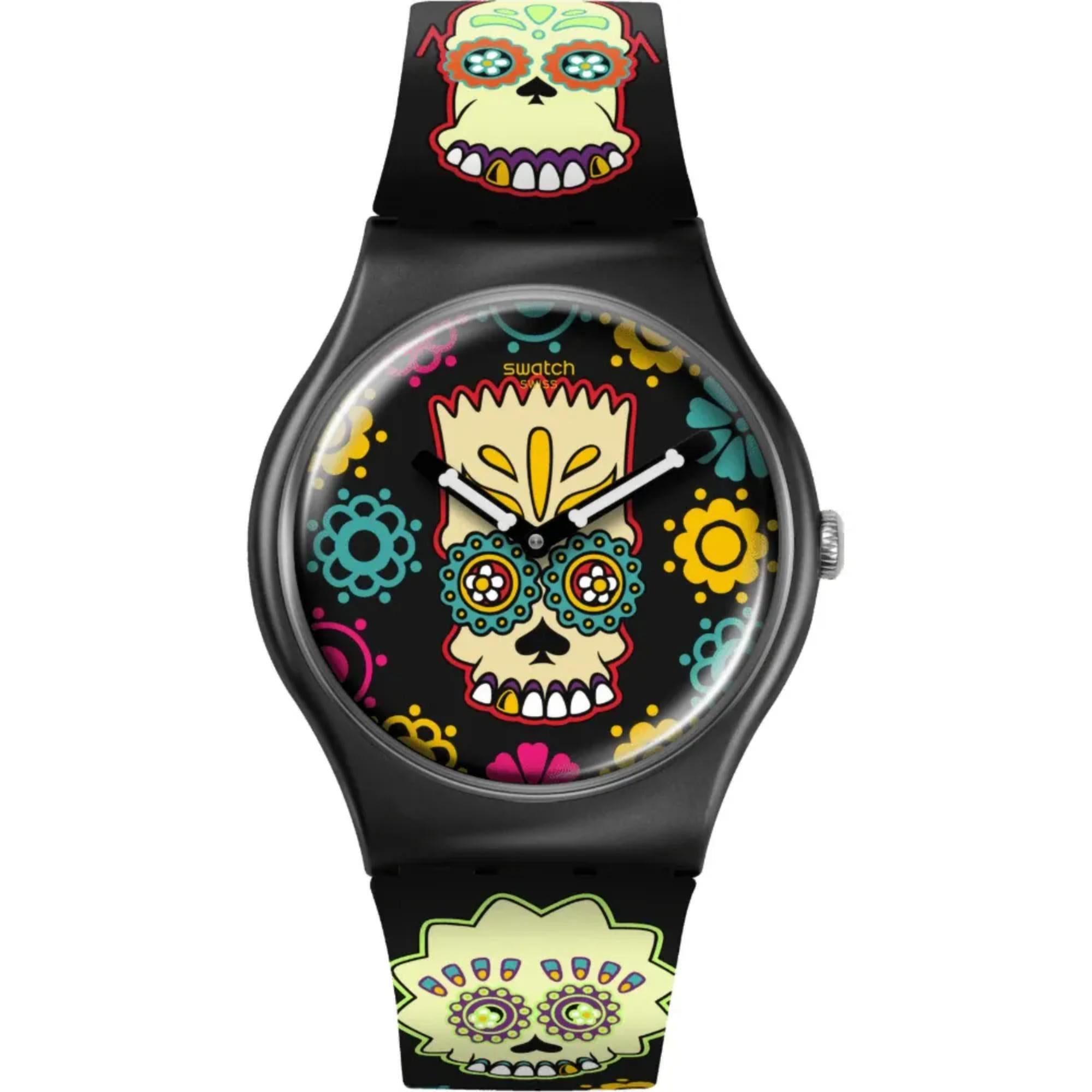 Swatch x Die Simpsons (41mm) D'OH OF THE DEAD Schwarzes Bedrucktes Zifferblatt Schwarzes Bedrucktes Armband Uhr SO29Z135