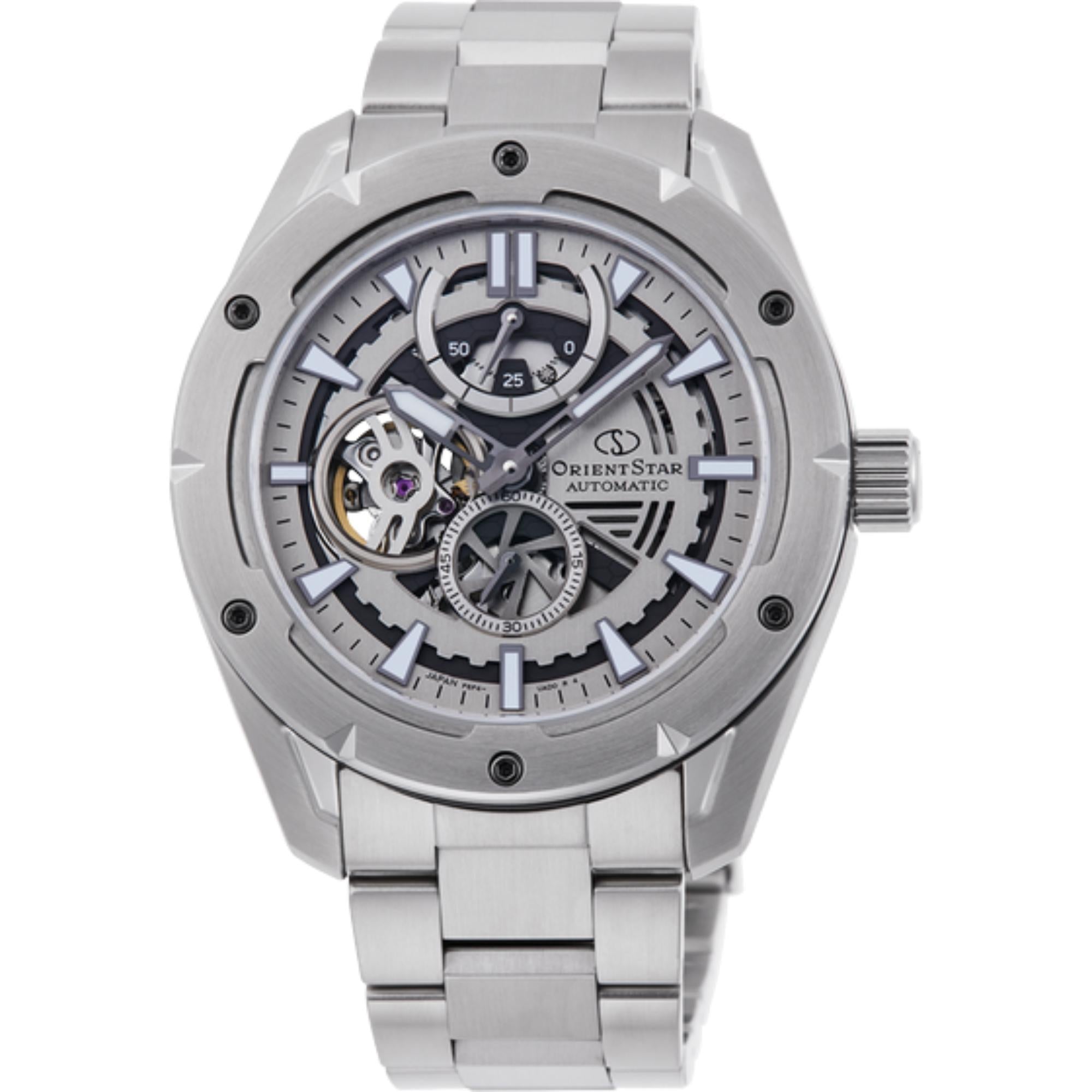 Orient Star Avant-Garde 42 mm Skeleton Silbernes Zifferblatt Stahl Herren Automatik Uhr RE-AV0A02S00B