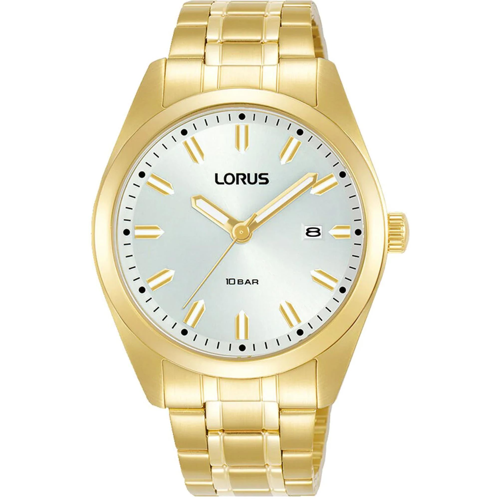 Lorus Sportuhr mit Datum Herrenarmbanduhr mit silbernem Sonnenschliff-Zifferblatt aus goldbeschichtetem Edelstahl RH982PX9
