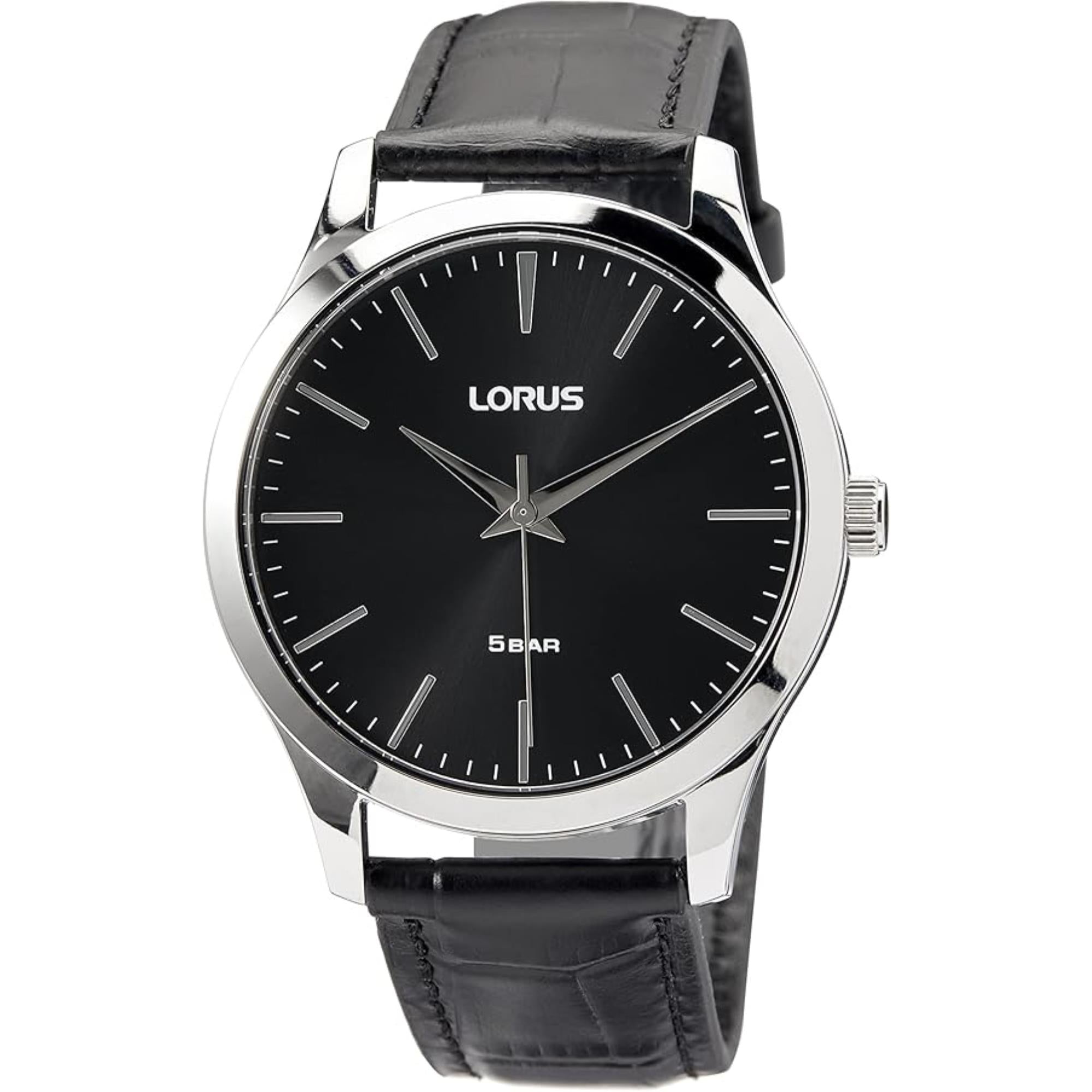 Lorus Herrenarmbanduhr mit schwarzem Lederarmband und schwarzem Zifferblatt RRX71HX9