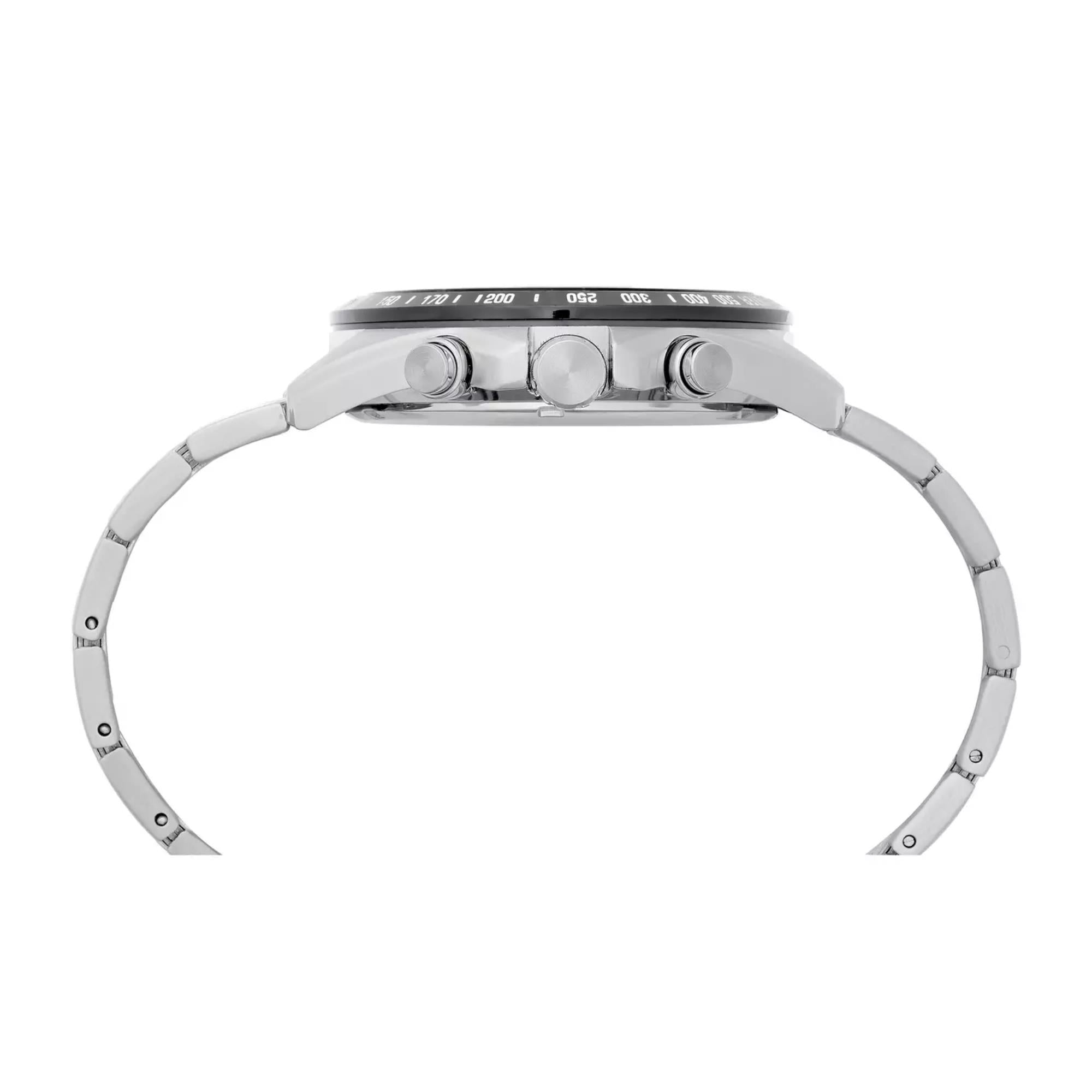 Lorus Chronograph Herren Uhr Schwarzes Sonnenstrahl Zifferblatt Gelbe Akzente Edelstahl Armband RM397HX9