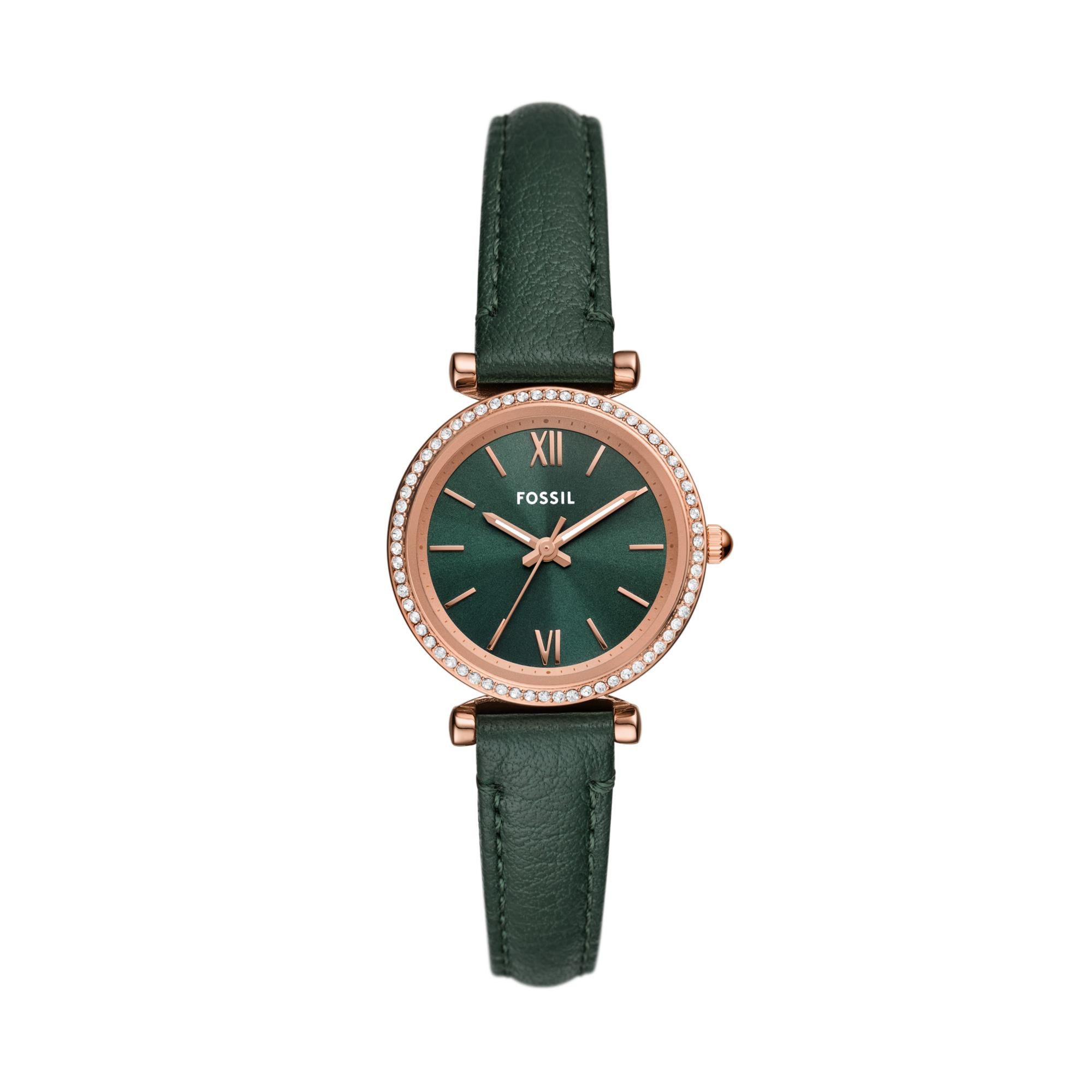 Fossil Carlie 28mm Grünes Zifferblatt Leder Damen Quarz Uhr ES5370