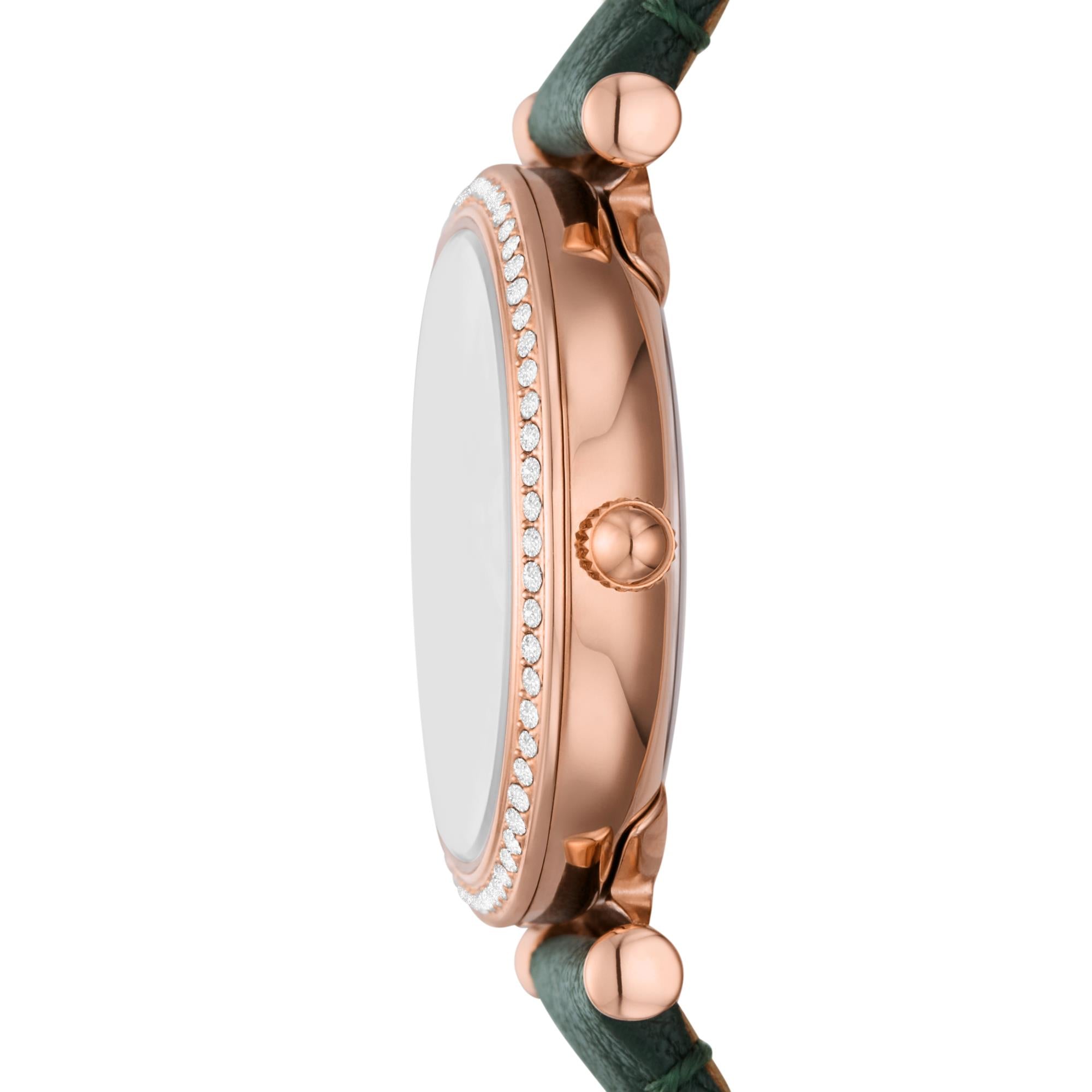 Fossil Carlie 28mm Grünes Zifferblatt Leder Damen Quarz Uhr ES5370