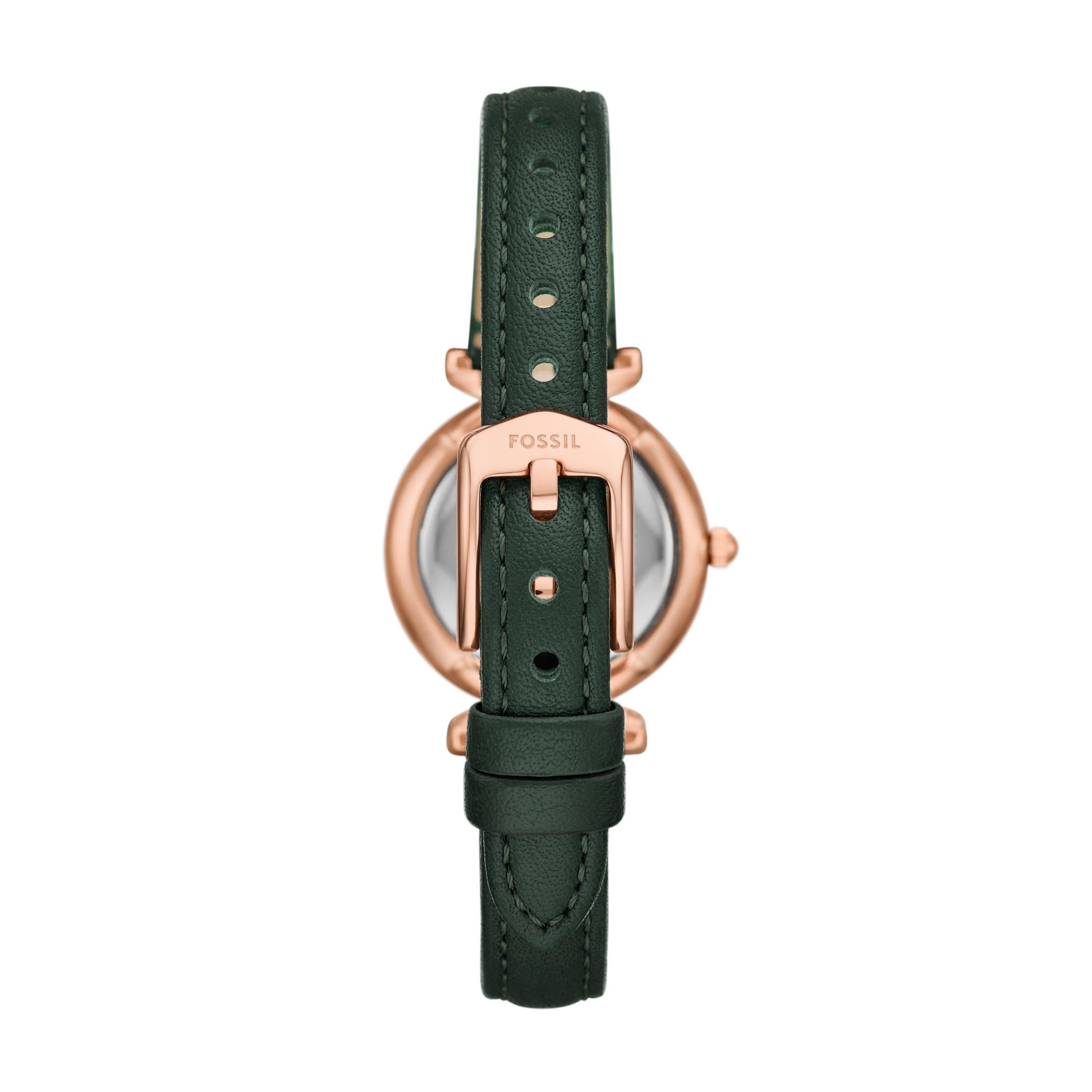 Fossil Carlie 28mm Grünes Zifferblatt Leder Damen Quarz Uhr ES5370