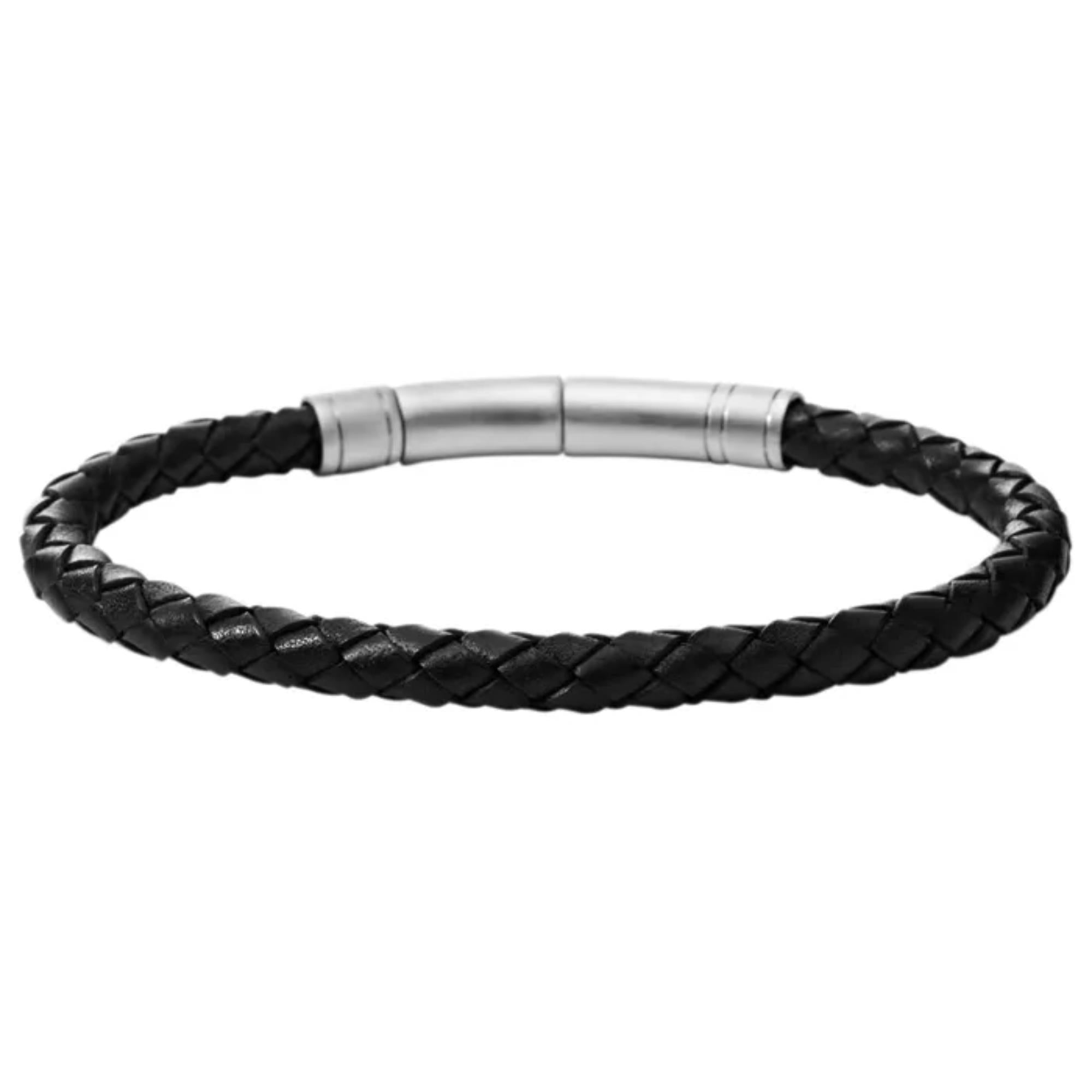 Fossil Black Skinny Braided Leather Men's Bracelet JF00510797