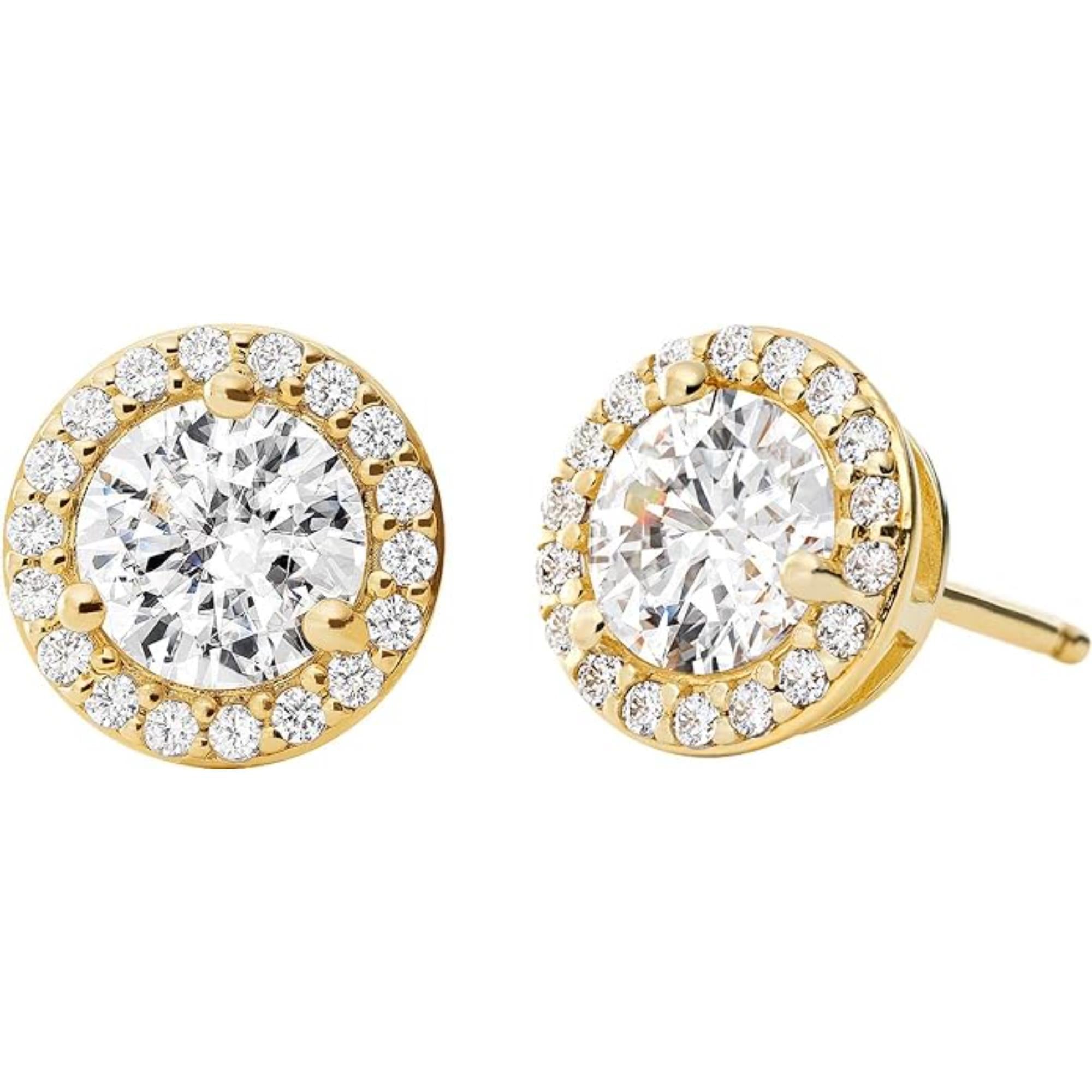 Michael Kors MKC1035AN710 14k gold-plated sterling silver CZ halo stud earrings front and angled view