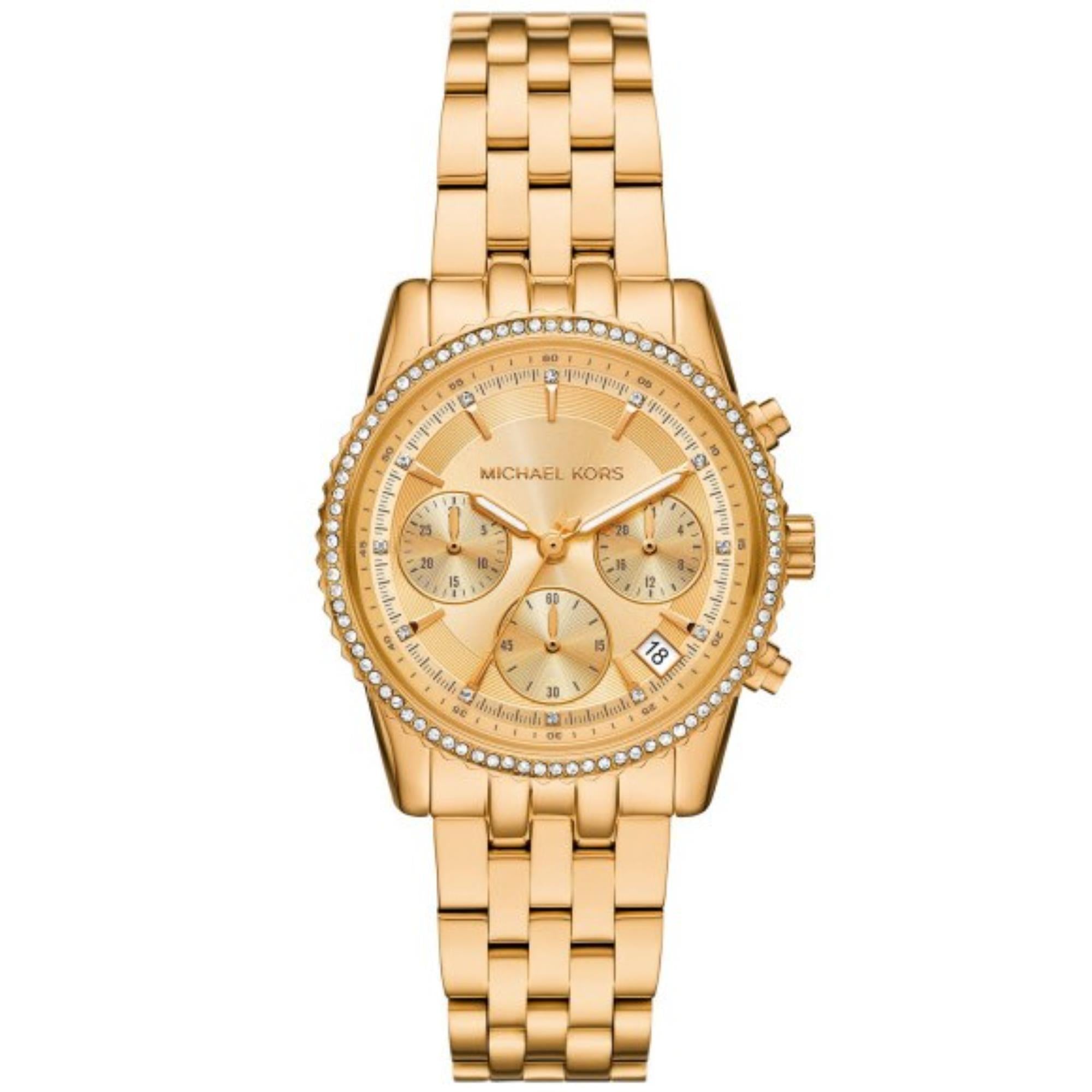 Michael Kors Mini Bryant Chronograph Goldenes Zifferblatt Goldfarbener Edelstahlarmband Damen Uhr MK7530