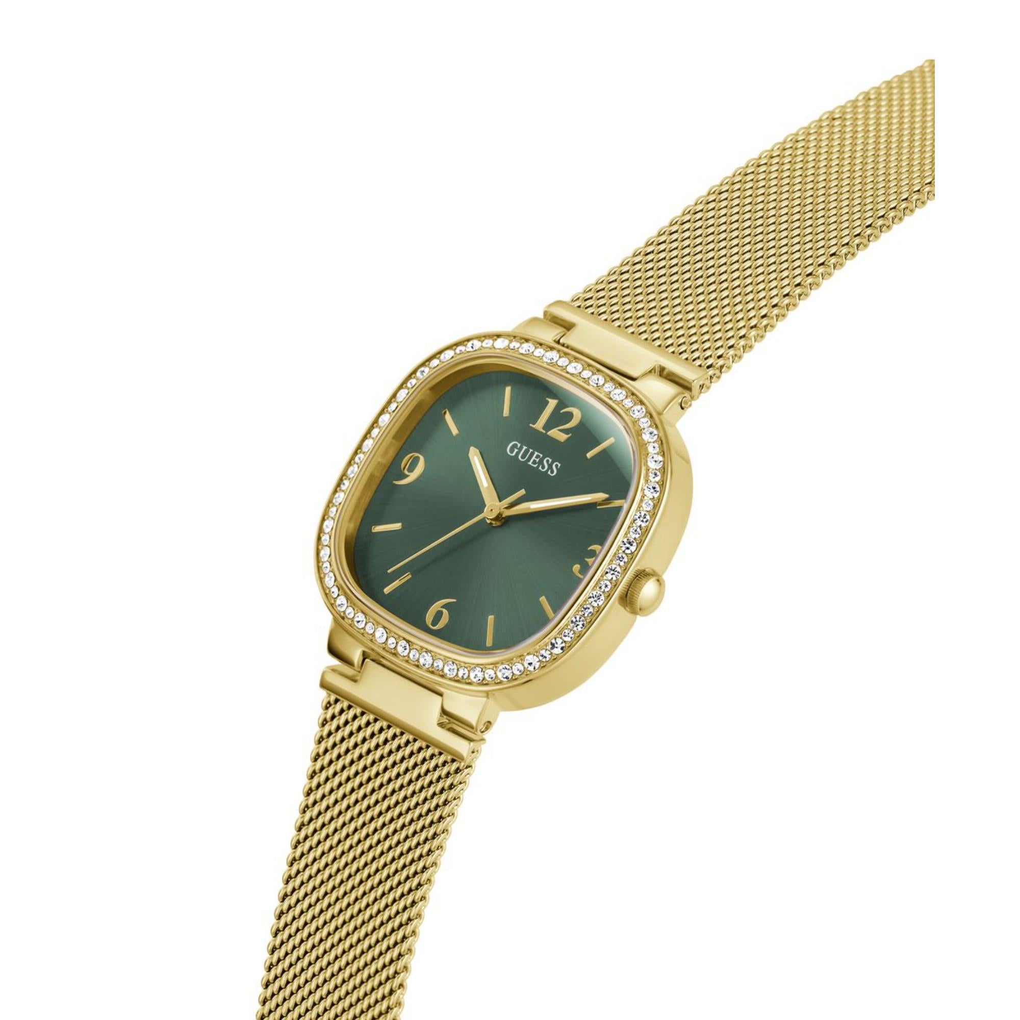 Guess Tapestry abgerundetes quadratisches grünes Zifferblatt Stahl-Mesh-Armband Damen Uhr GW0354L5