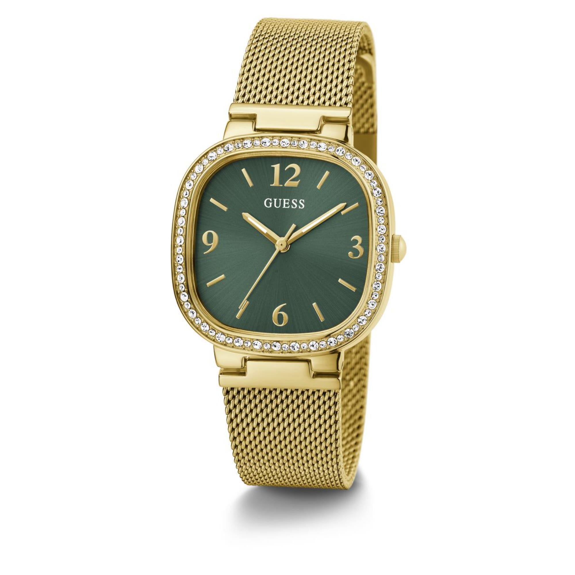Guess Tapestry abgerundetes quadratisches grünes Zifferblatt Stahl-Mesh-Armband Damen Uhr GW0354L5