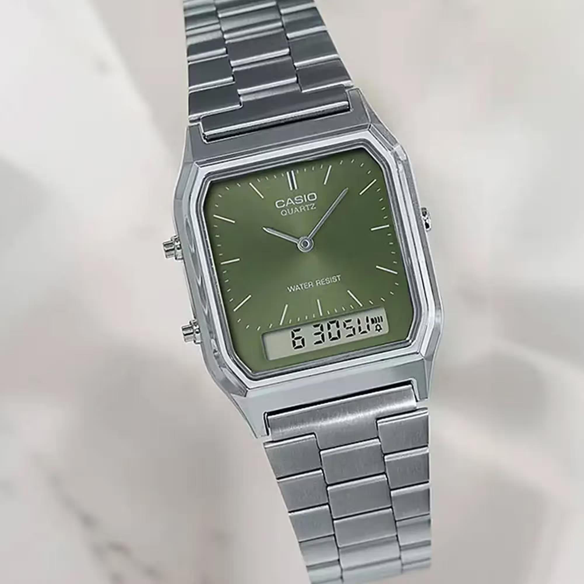 Casio Vintage Quartz Green Dial Steel Strap Watch AQ-230A-3AMQYES
