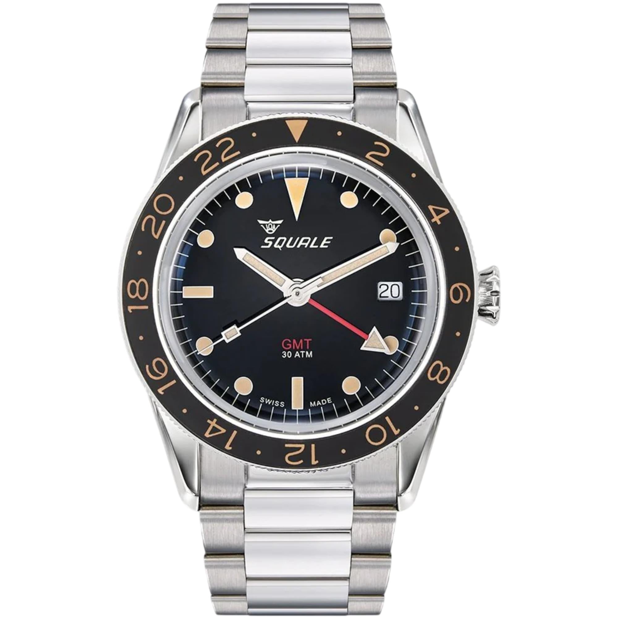 Squale Sub-39 GMT Vintage Automatik Schwarzes Zifferblatt Stahlband Herrenarmbanduhr SUB39GMTV.BR22