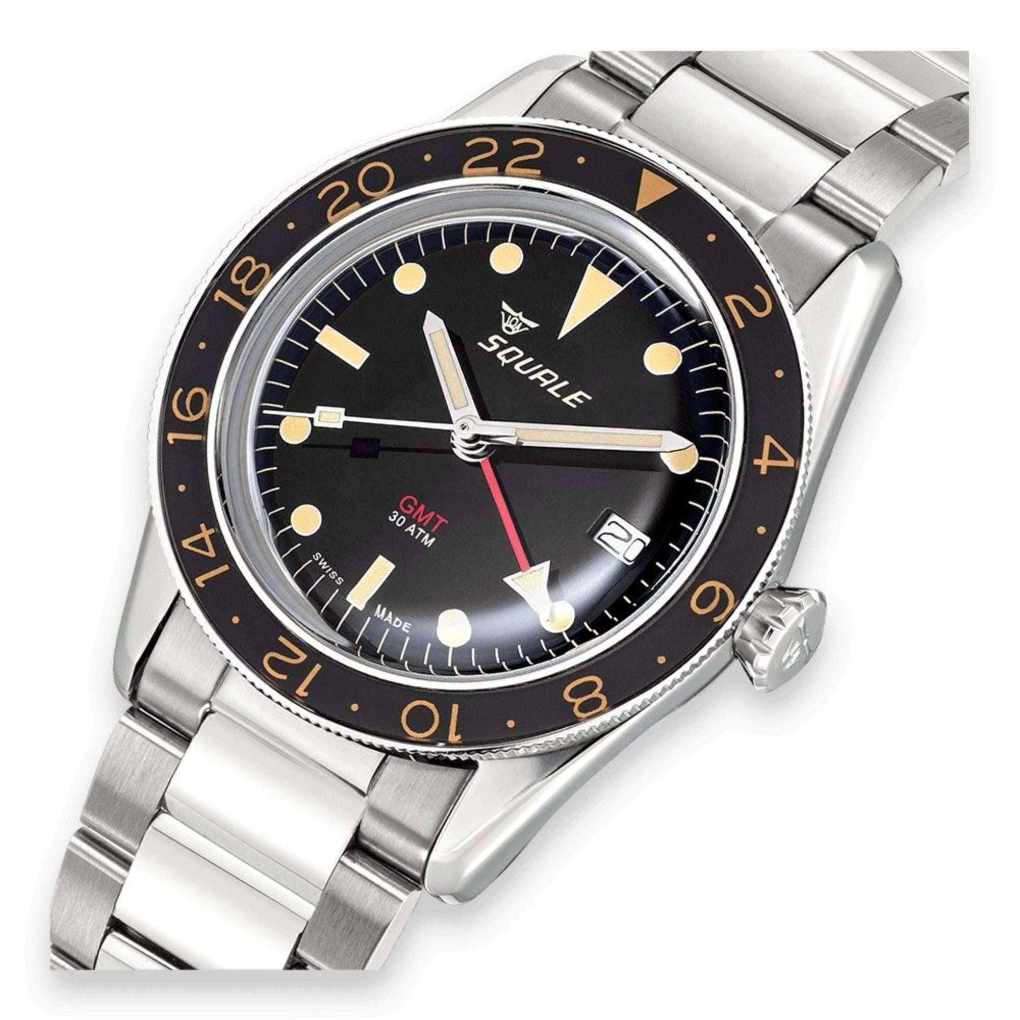 Squale Sub-39 GMT Vintage Automatik Schwarzes Zifferblatt Stahlband Herrenarmbanduhr SUB39GMTV.BR22