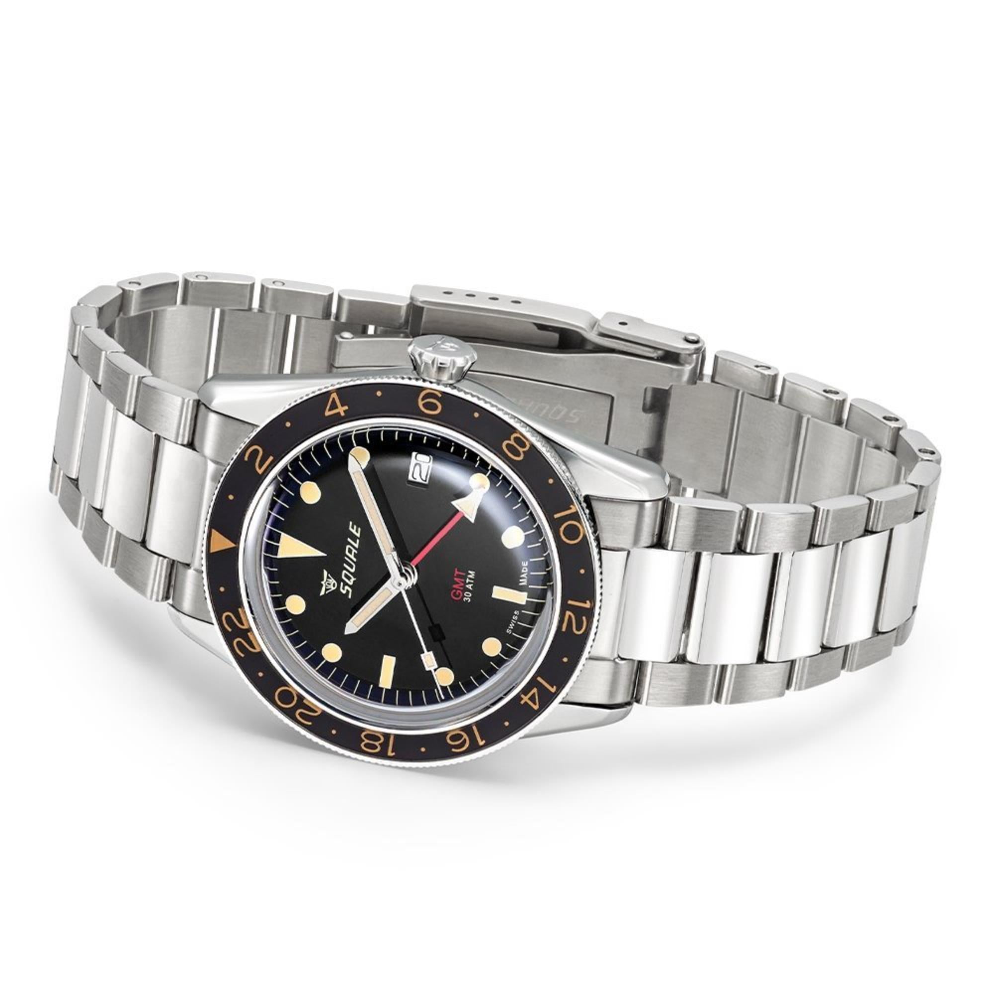 Squale Sub-39 GMT Vintage Automatik Schwarzes Zifferblatt Stahlband Herrenarmbanduhr SUB39GMTV.BR22