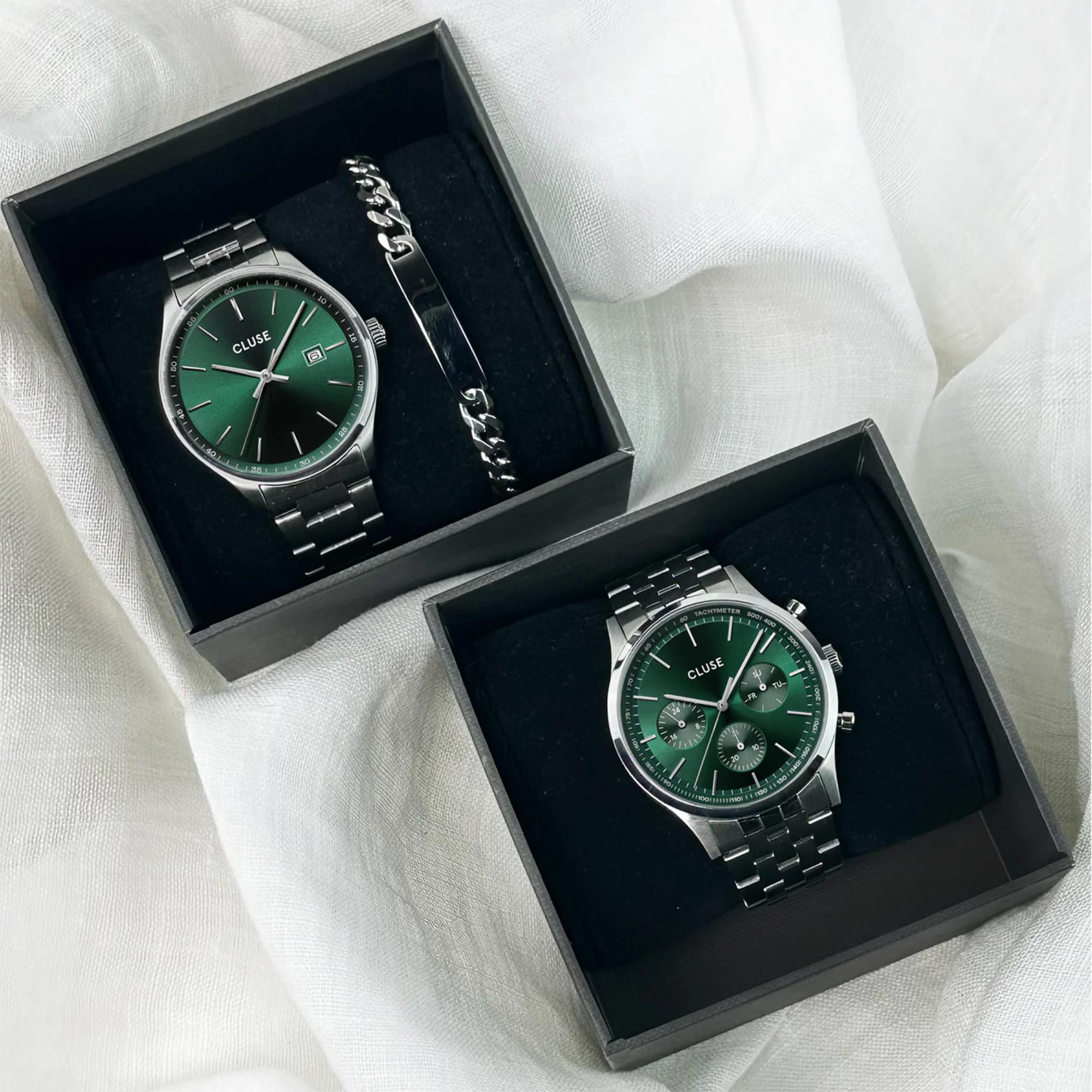CLUSE Anthéor Quarz Chronograph Grünes Zifferblatt Stahlarmband Herrenuhr CW21002