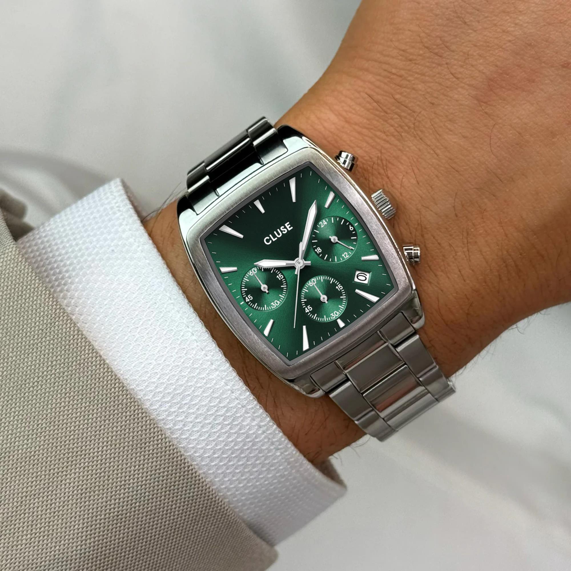 CLUSE Quartaut Quarz Chronograph Grünes Zifferblatt Stahlarmband Herrenuhr CW52002