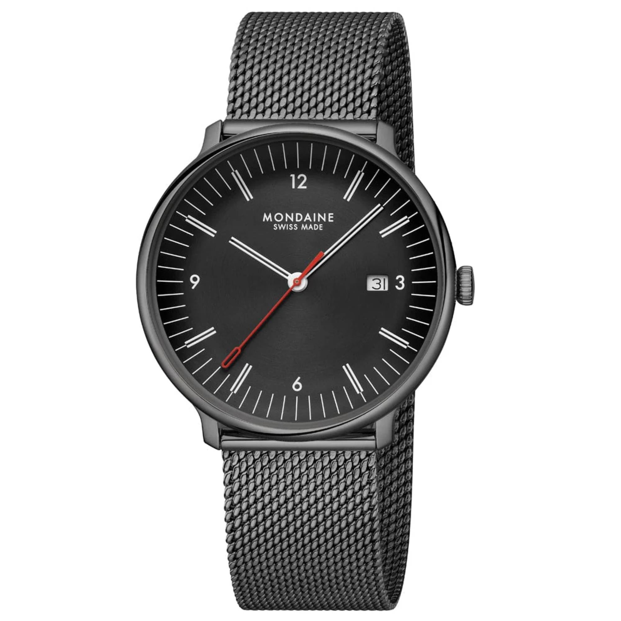 Mondaine Doppio Quarz Schwarzes Zifferblatt Stahlarmband Herren Uhr MLE.41220.SM