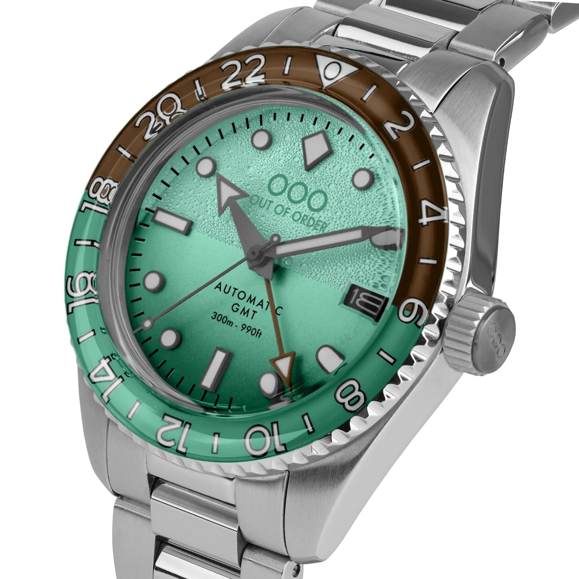 Out of Order After 8 Shaker Automatik GMT Ultra-Gebürstetes Minzgrünes Zifferblatt Stahlarmband Herren Uhr OOO.001-25.AE.BAND.SS