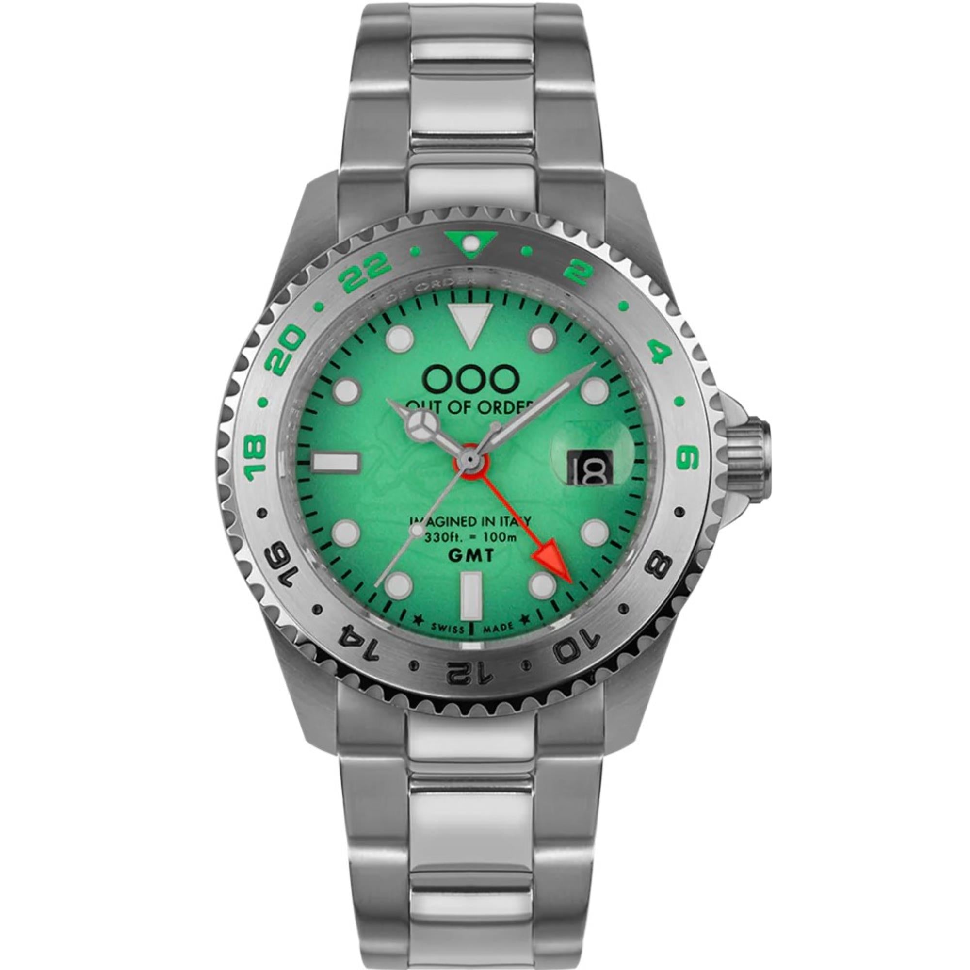 Out of Order Swiss GMT Venezia Ultra Gebürstetes Grünes Zifferblatt Stahlarmband Herren Uhr OOO.001-19.VE.SS